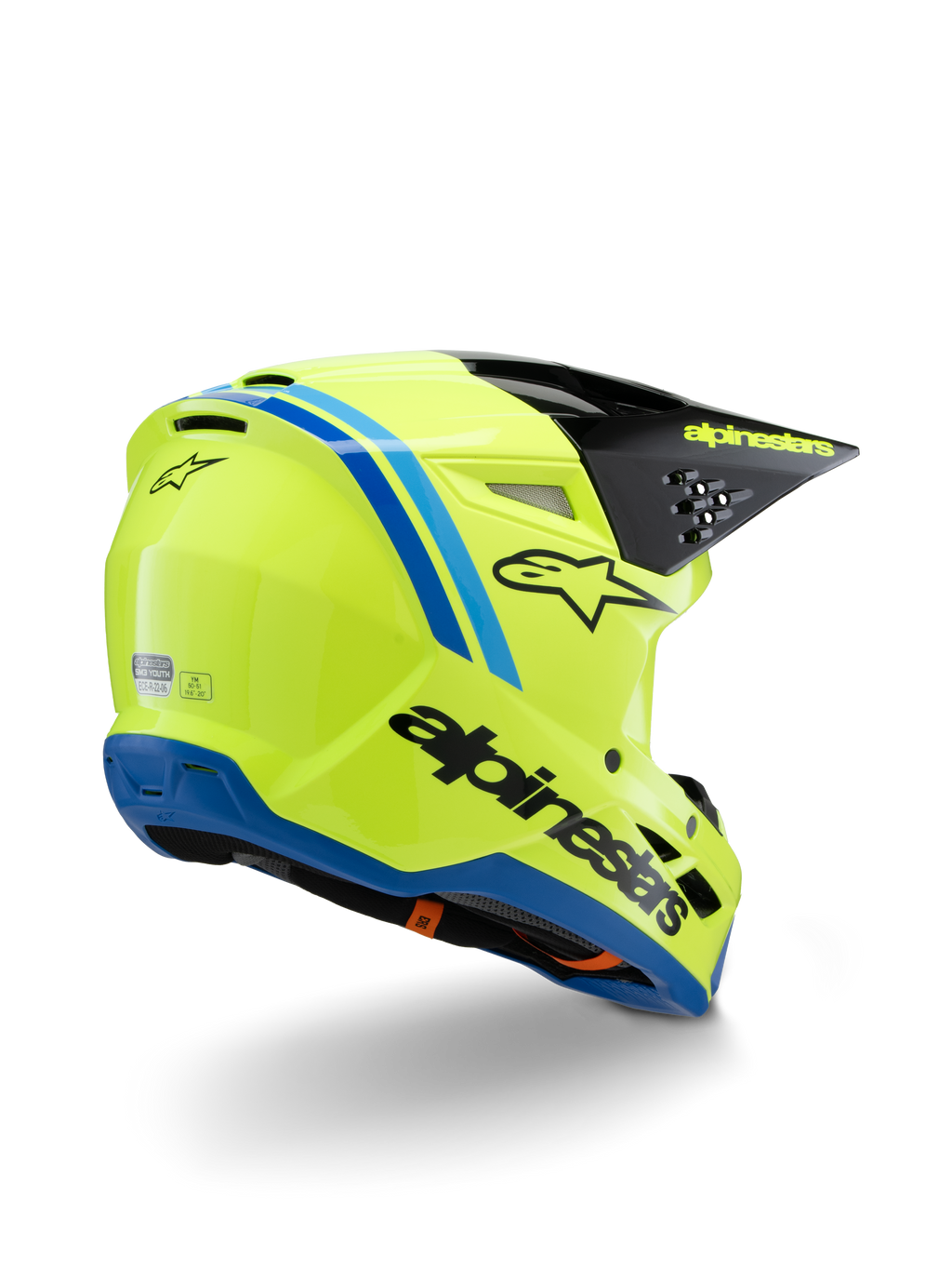 Alpinestars S-M3 Youth Radium-hjälm ECE 22.06, motocrosshjälm, gul fluo med svarta och blå detaljer, vy snett bakifrån som visar svart skärm med gul logotyp och blå nederkant