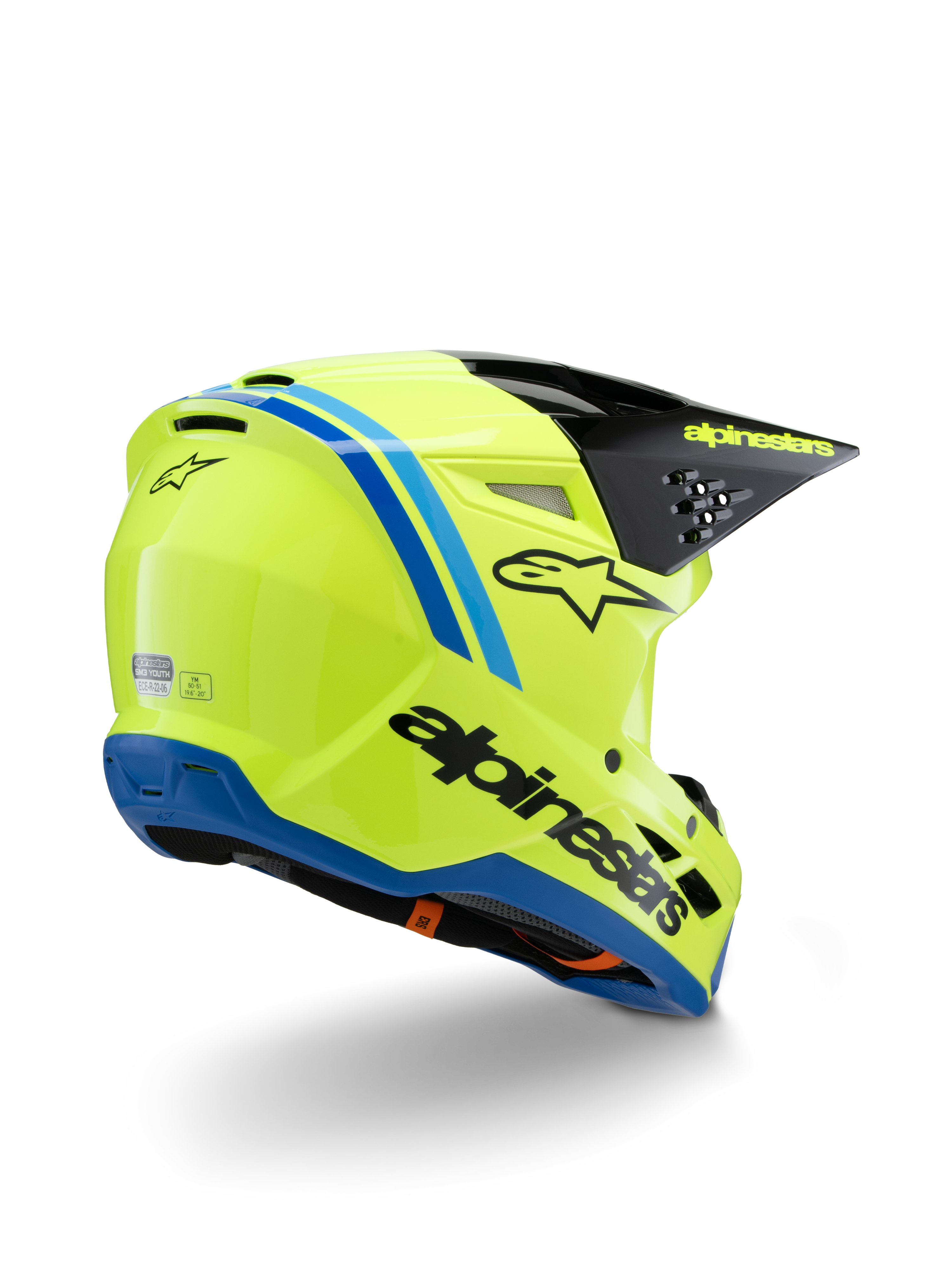 Alpinestars S-M3 Youth Radium-hjälm ECE 22.06, motocrosshjälm, gul fluo med svarta och blå detaljer, vy snett bakifrån som visar svart skärm med gul logotyp och blå nederkant