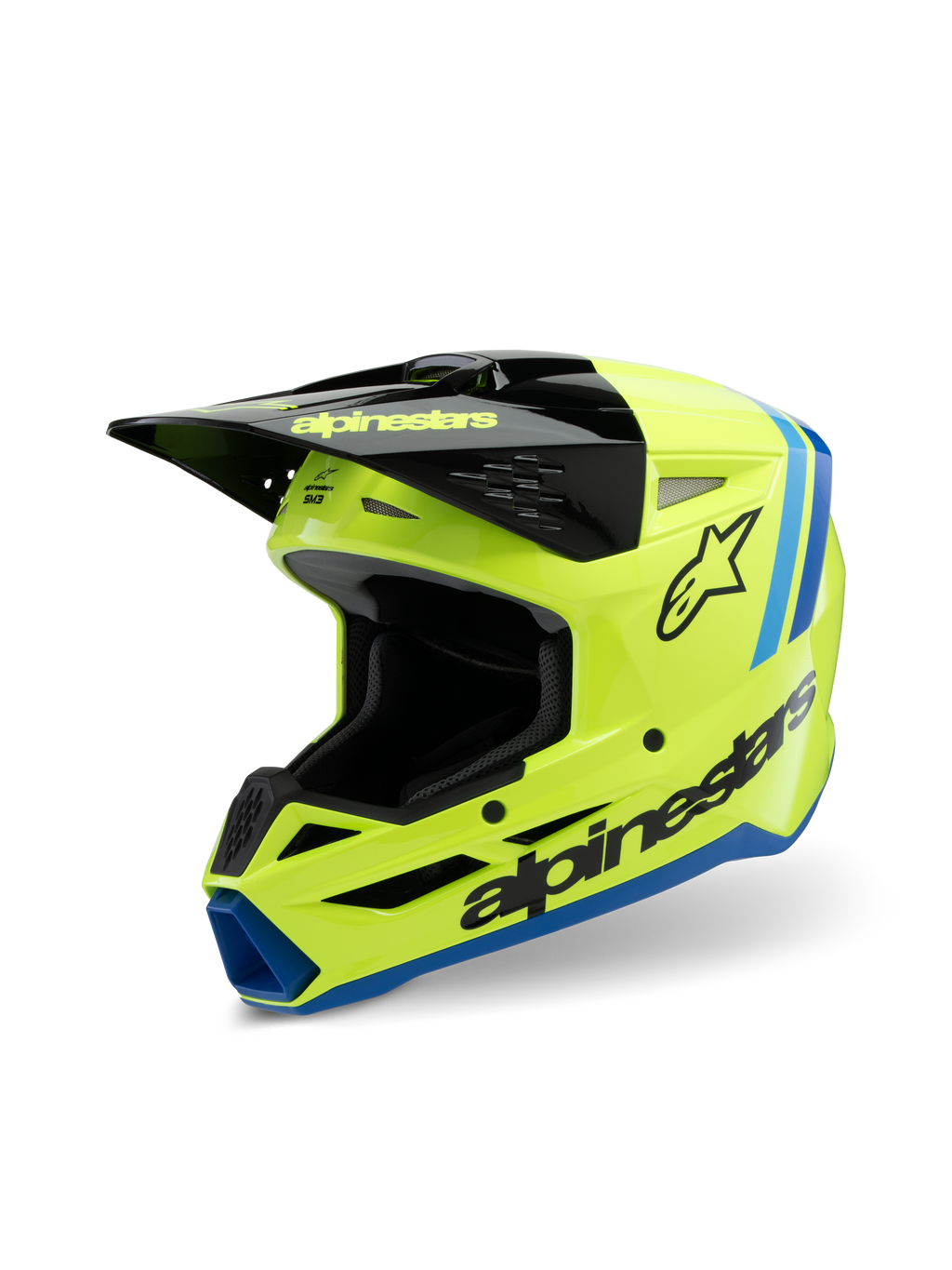 Alpinestars S-M3 Youth Radium hjälm, motocrosshjälm, gul fluo, svart och blå, med svart skärm, tydlig Alpinestars-logotyp på sidan, blå detaljer, högpresterande skyddsutrustning för unga förare