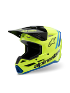 Alpinestars S-M3 Youth Radium hjälm, motocrosshjälm, gul fluo, svart och blå, med svart skärm, tydlig Alpinestars-logotyp på sidan, blå detaljer, högpresterande skyddsutrustning för unga förare