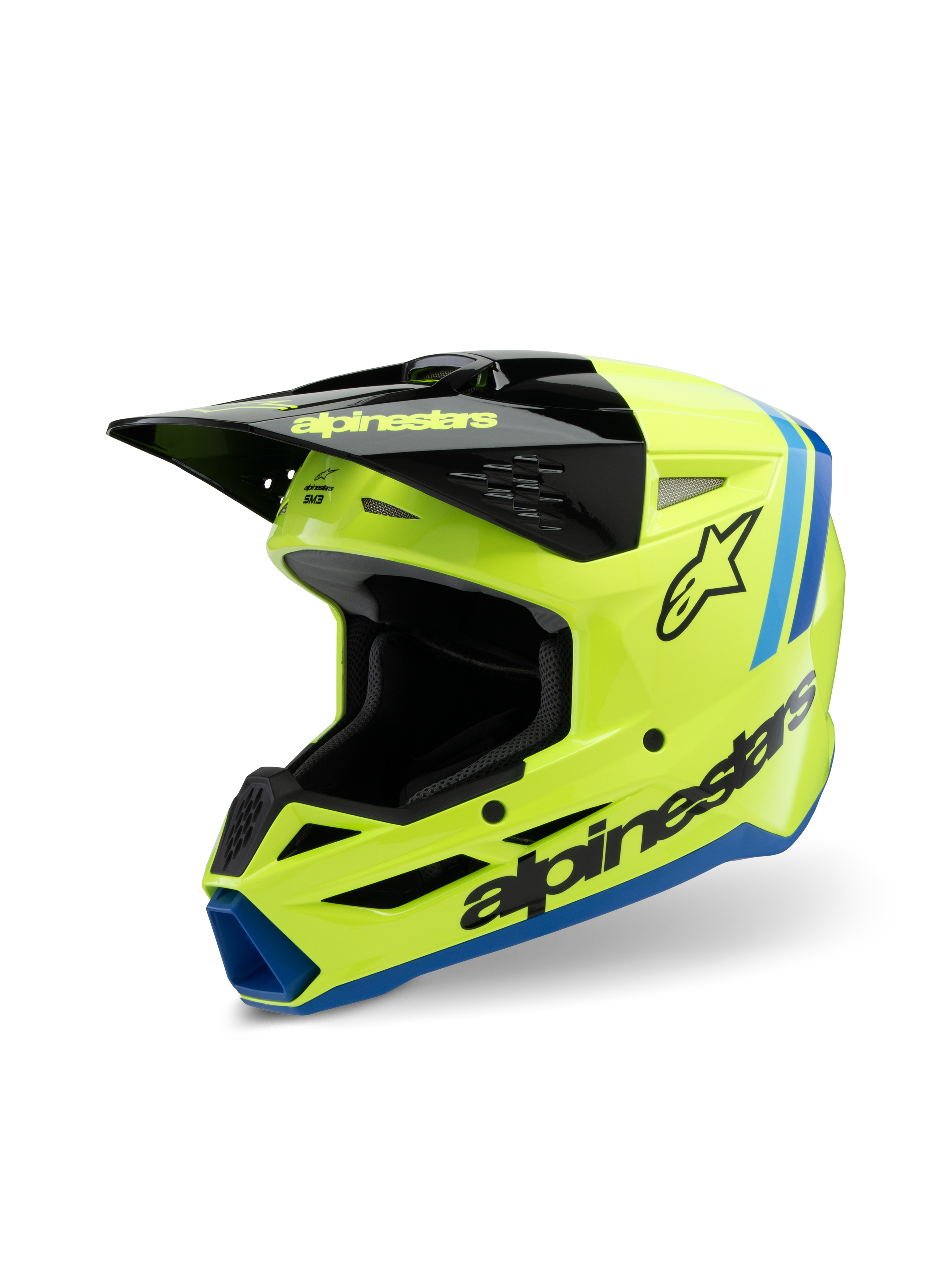 Alpinestars S-M3 Youth Radium hjälm, motocrosshjälm, gul fluo, svart och blå, med svart skärm, tydlig Alpinestars-logotyp på sidan, blå detaljer, högpresterande skyddsutrustning för unga förare