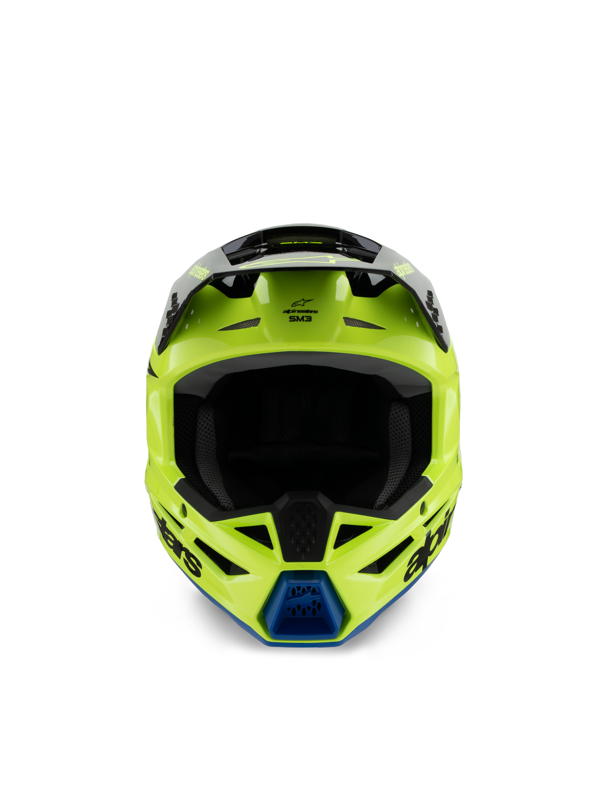 Alpinestars S-M3 Youth Radium hjälm, motocrosshjälm, gul fluo, svart och blå, vy framifrån som visar svart skärm och blå hakventil, tydliga Alpinestars-logotyper, strömlinjeformad aerodynamisk profil för terrängkörning för ungdomar