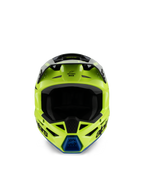 Alpinestars S-M3 Youth Radium hjälm, motocrosshjälm, gul fluo, svart och blå, vy framifrån som visar svart skärm och blå hakventil, tydliga Alpinestars-logotyper, strömlinjeformad aerodynamisk profil för terrängkörning för ungdomar