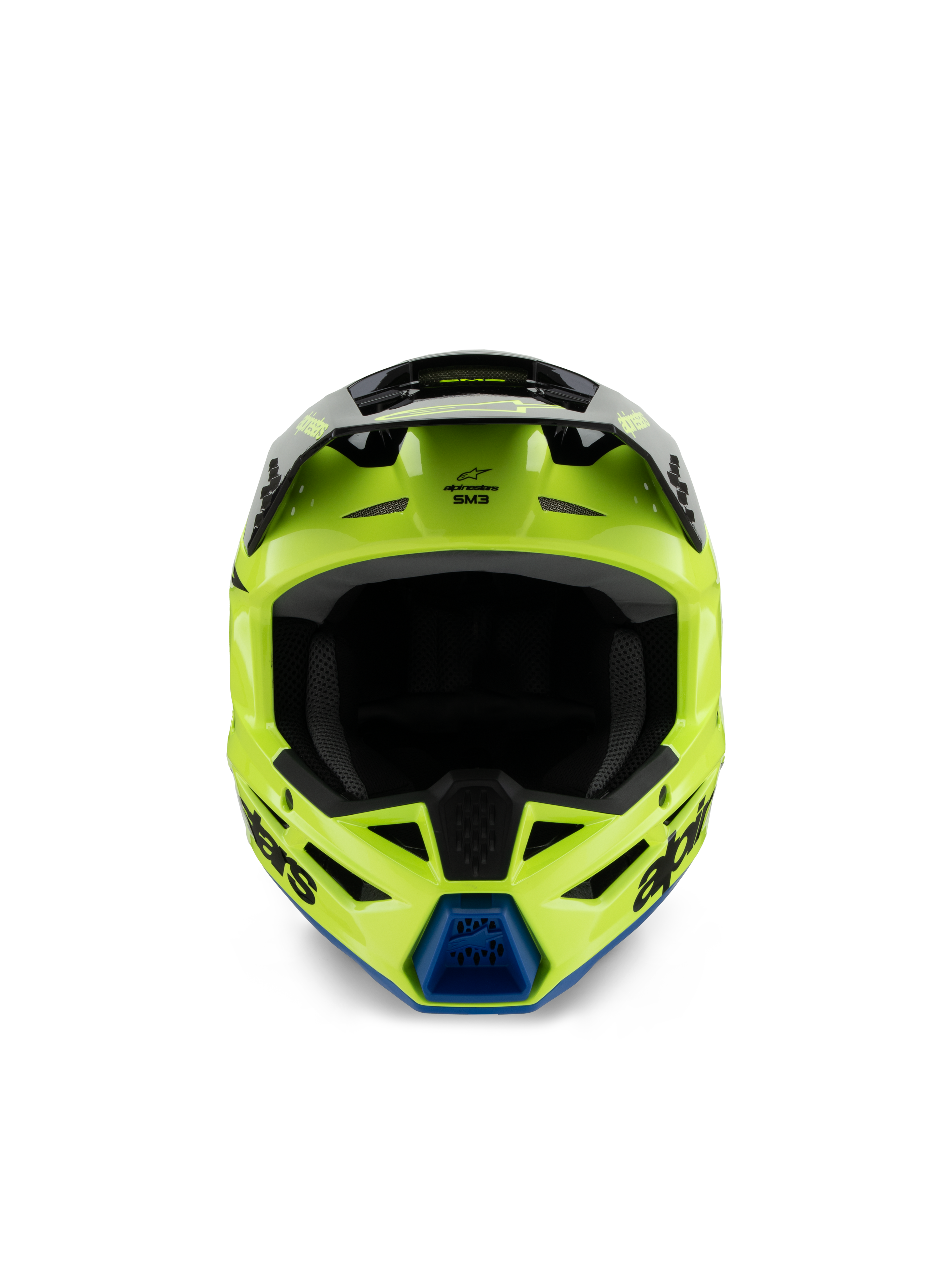 Alpinestars S-M3 Youth Radium hjälm, motocrosshjälm, gul fluo, svart och blå, vy framifrån som visar svart skärm och blå hakventil, tydliga Alpinestars-logotyper, strömlinjeformad aerodynamisk profil för terrängkörning för ungdomar