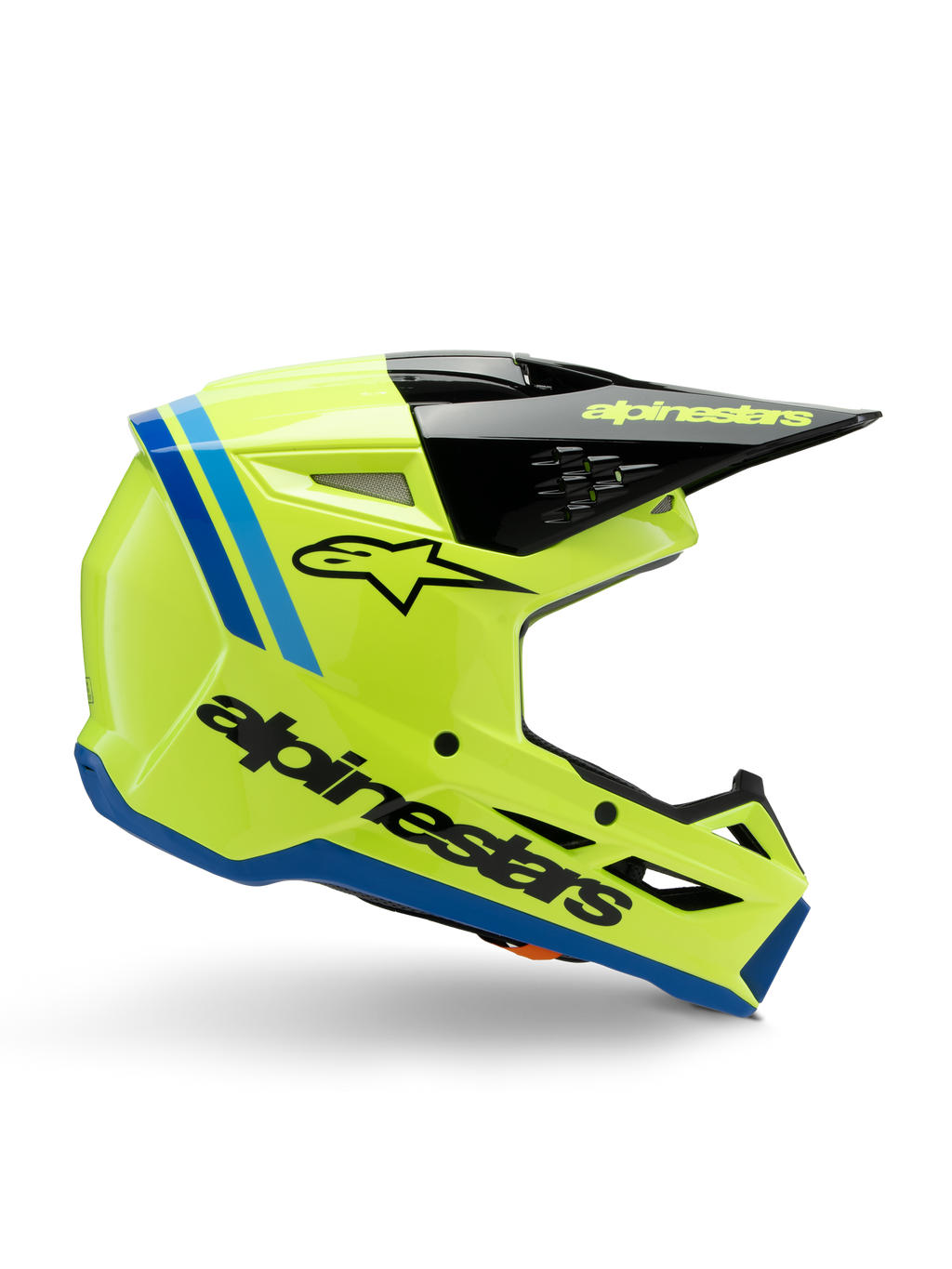 Alpinestars S-M3 Youth Radium-hjälm, motocrosshjälm för ungdomar, klar fluorgul med svarta och blå detaljer, sidovy som visar aerodynamisk design, svart skärm med gul logotyp, framträdande svart logotyp på sidan, ECE 22.06-certifierat skydd för terrängkörning