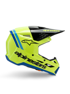 Alpinestars S-M3 Youth Radium-hjälm, motocrosshjälm för ungdomar, klar fluorgul med svarta och blå detaljer, sidovy som visar aerodynamisk design, svart skärm med gul logotyp, framträdande svart logotyp på sidan, ECE 22.06-certifierat skydd för terrängkörning