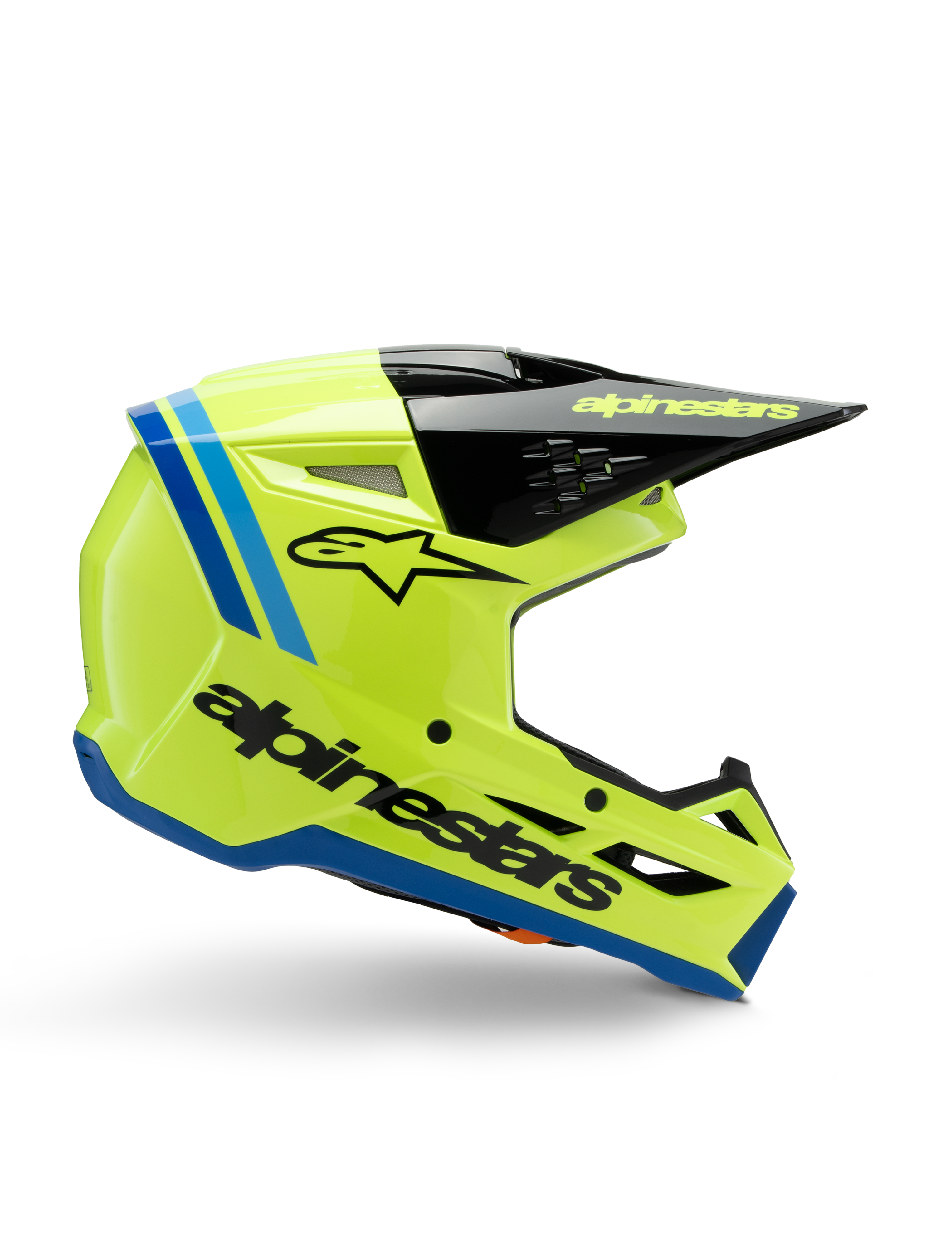 Alpinestars S-M3 Youth Radium-hjälm, motocrosshjälm för ungdomar, klar fluorgul med svarta och blå detaljer, sidovy som visar aerodynamisk design, svart skärm med gul logotyp, framträdande svart logotyp på sidan, ECE 22.06-certifierat skydd för terrängkörning