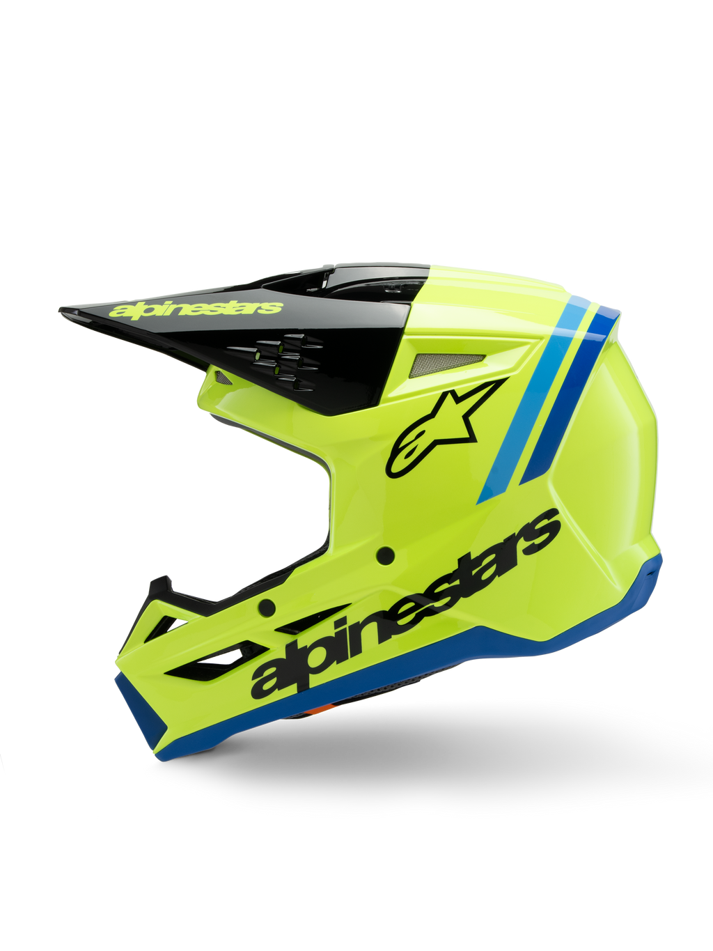 Alpinestars S-M3 Youth Radium hjälm, motocrosshjälm, klar fluorescerande gul med blå och svarta detaljer, framträdande Alpinestars-branding, strömlinjeformad aerodynamisk profil för terrängkörning för ungdomar