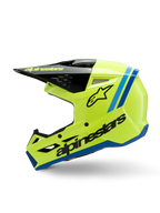 Alpinestars S-M3 Youth Radium hjälm, motocrosshjälm, klar fluorescerande gul med blå och svarta detaljer, framträdande Alpinestars-branding, strömlinjeformad aerodynamisk profil för terrängkörning för ungdomar