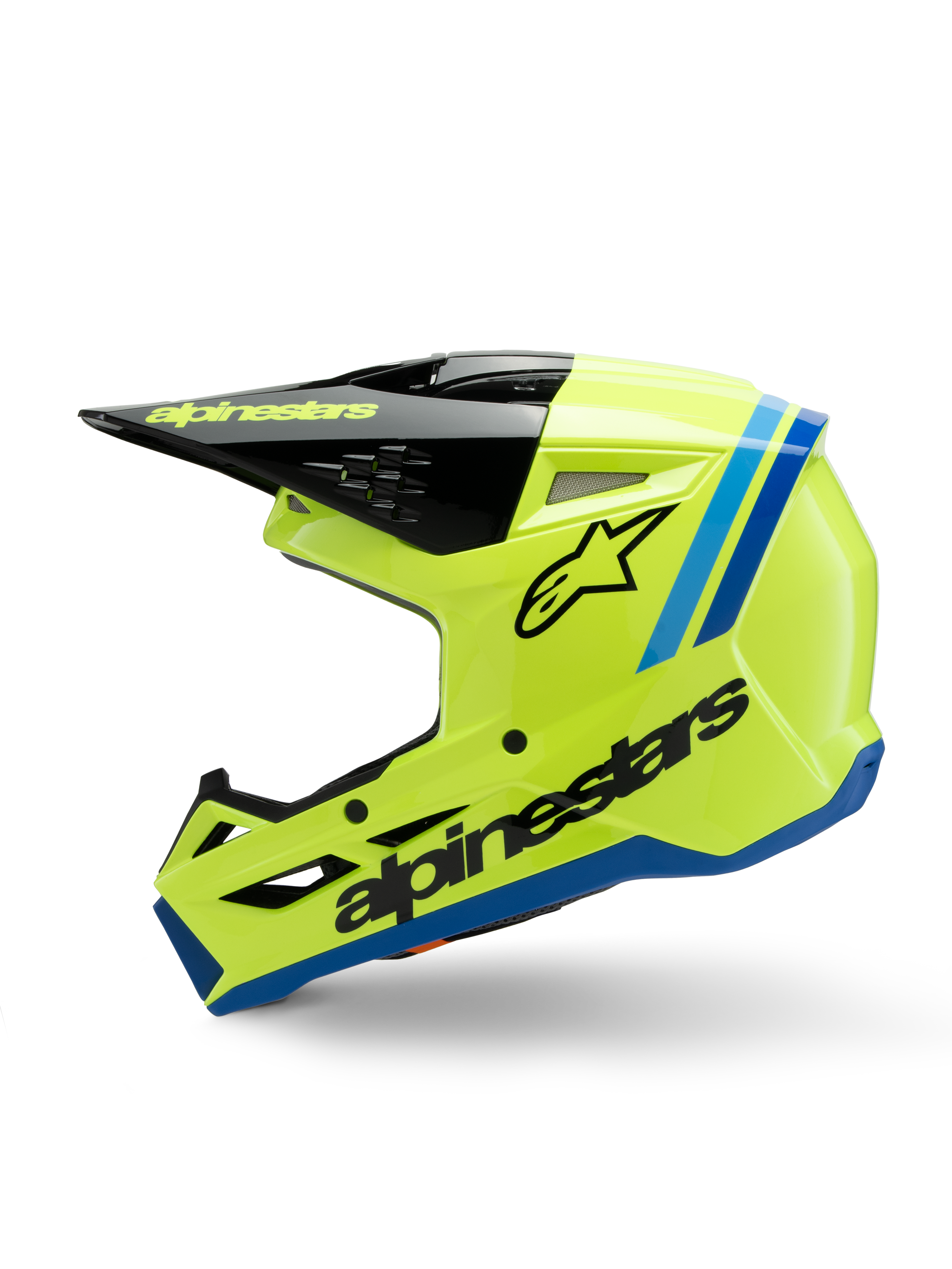 Alpinestars S-M3 Youth Radium hjälm, motocrosshjälm, klar fluorescerande gul med blå och svarta detaljer, framträdande Alpinestars-branding, strömlinjeformad aerodynamisk profil för terrängkörning för ungdomar
