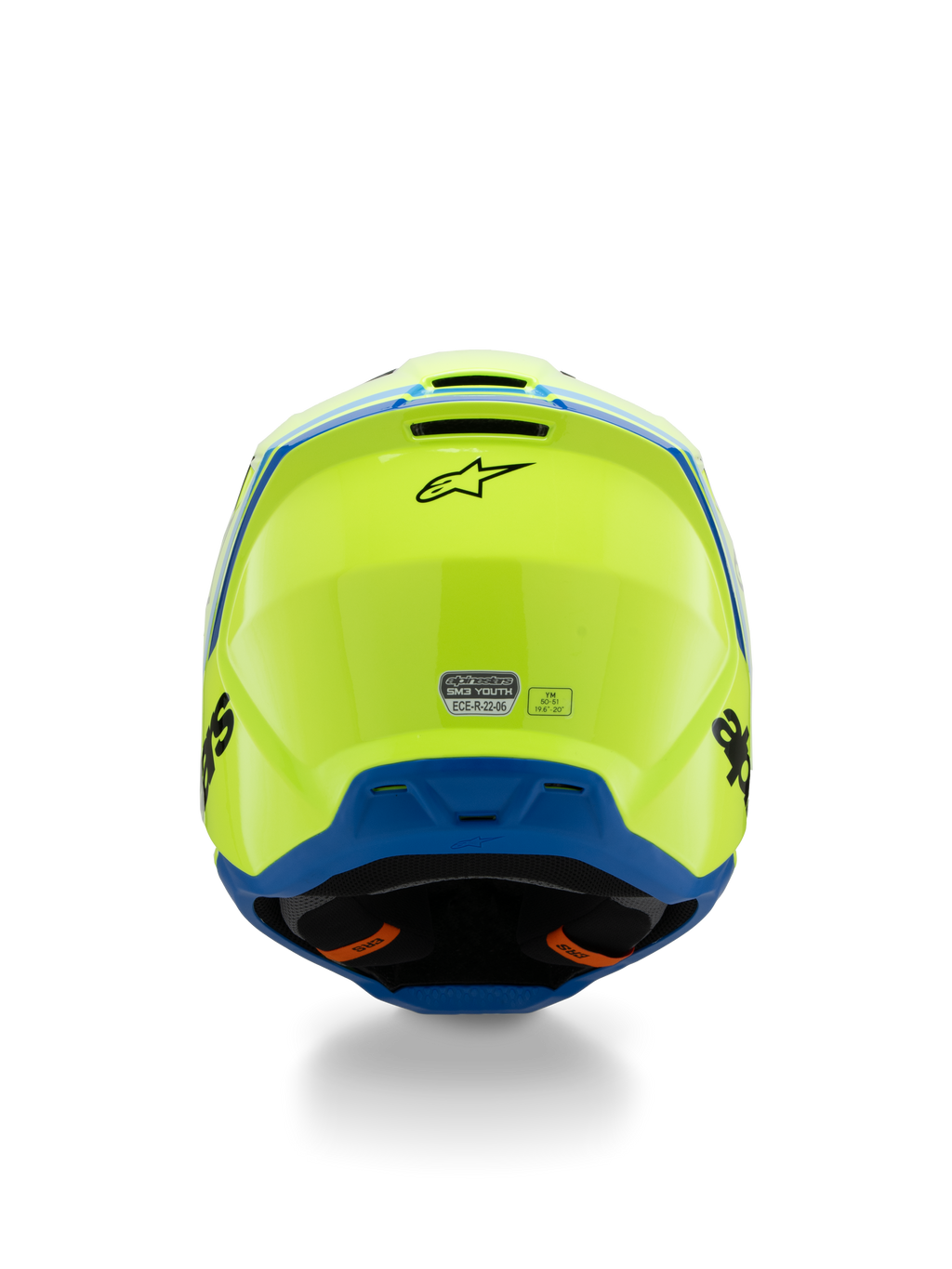 Alpinestars S-M3 Youth Radium-hjälm ECE 22.06, motocrosshjälm, fluorescerande gul och blå, baksida med svart Alpinestars-logotyp och ECE-certifieringsmärke, aerodynamisk skaldesign för offroad-racing för ungdomar