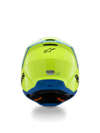 Alpinestars S-M3 Youth Radium-hjälm ECE 22.06, motocrosshjälm, fluorescerande gul och blå, baksida med svart Alpinestars-logotyp och ECE-certifieringsmärke, aerodynamisk skaldesign för offroad-racing för ungdomar