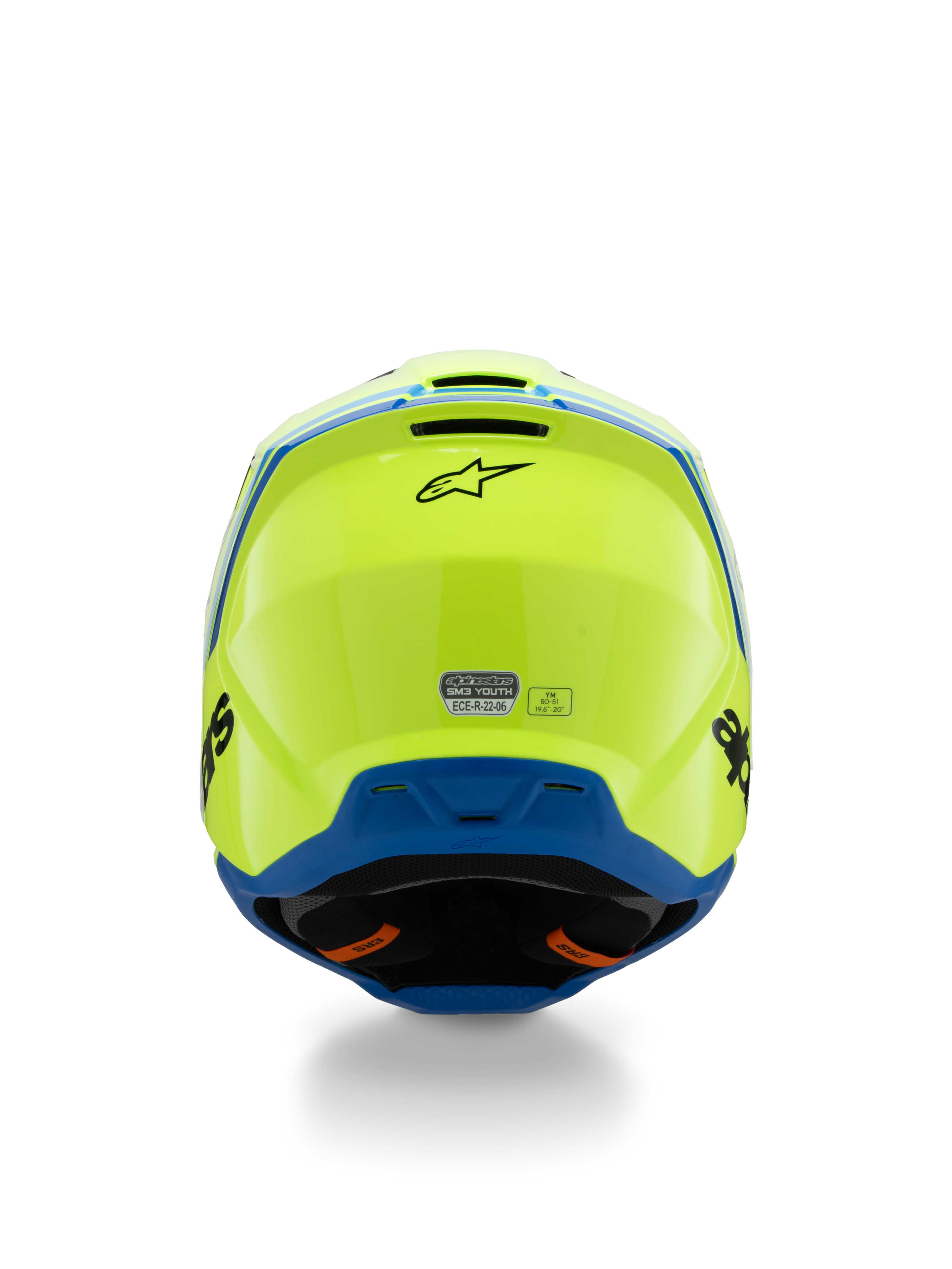 Alpinestars S-M3 Youth Radium-hjälm ECE 22.06, motocrosshjälm, fluorescerande gul och blå, baksida med svart Alpinestars-logotyp och ECE-certifieringsmärke, aerodynamisk skaldesign för offroad-racing för ungdomar