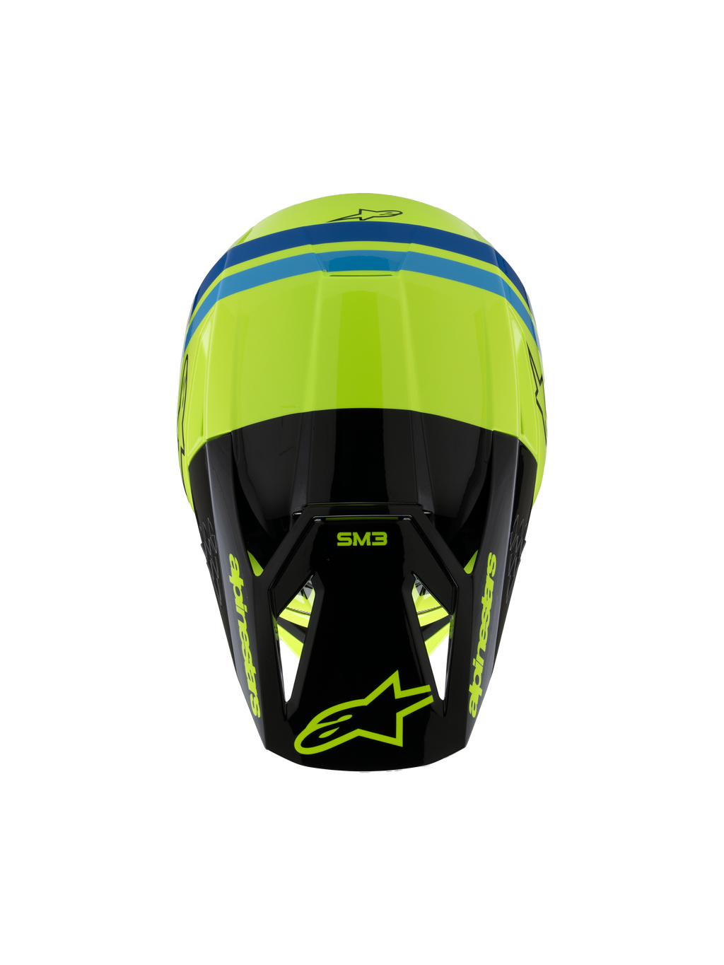 Alpinestars S-M3 Youth Radium-hjälm ECE 22.06, motocrosshjälm, gul fluo, svart och blå, vy uppifrån som visar det aerodynamiska skalet, SM3-logotyp på den svarta skärmen och tydliga Alpinestars-logotyper
