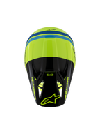 Alpinestars S-M3 Youth Radium-hjälm ECE 22.06, motocrosshjälm, gul fluo, svart och blå, vy uppifrån som visar det aerodynamiska skalet, SM3-logotyp på den svarta skärmen och tydliga Alpinestars-logotyper