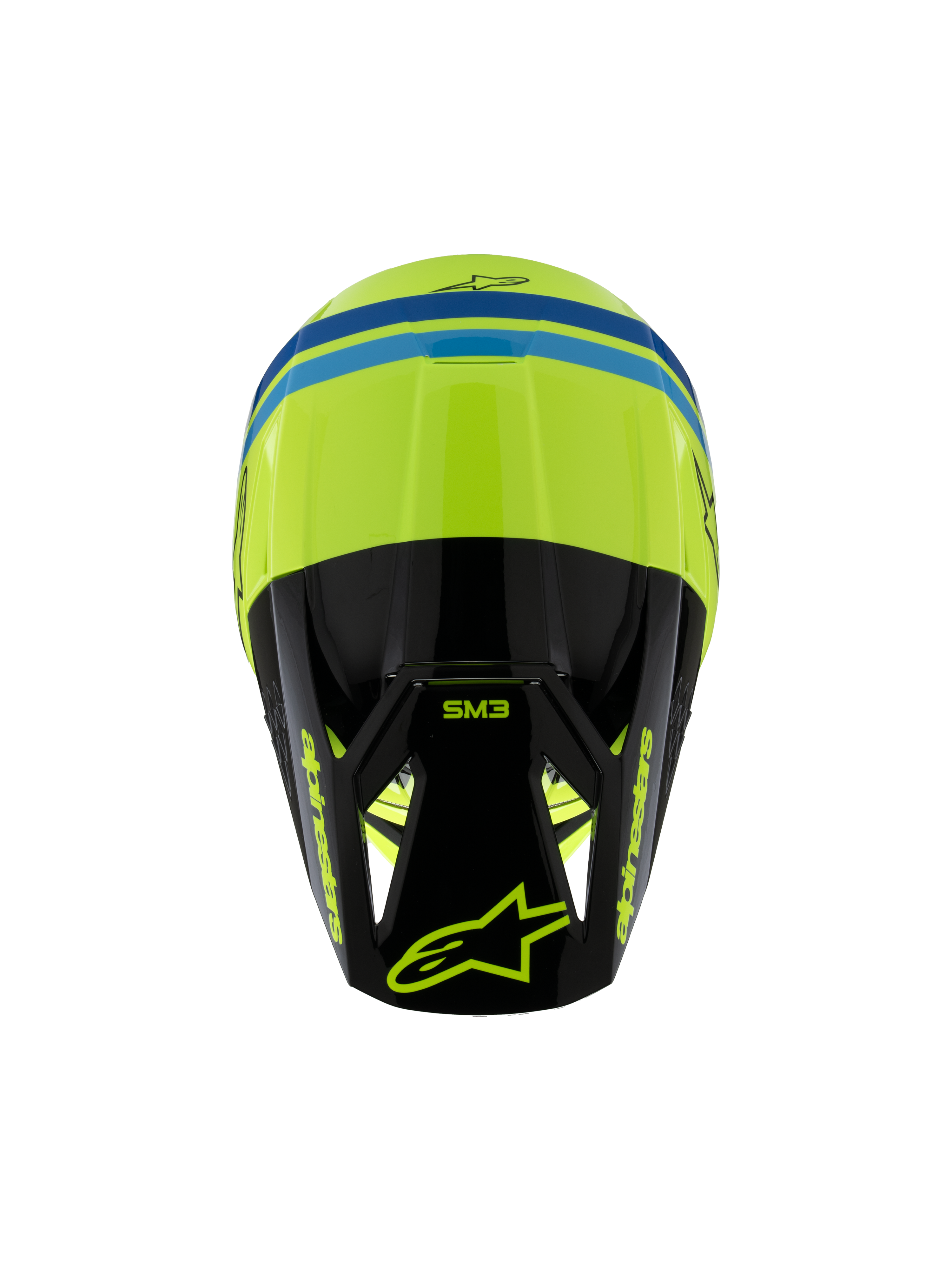 Alpinestars S-M3 Youth Radium-hjälm ECE 22.06, motocrosshjälm, gul fluo, svart och blå, vy uppifrån som visar det aerodynamiska skalet, SM3-logotyp på den svarta skärmen och tydliga Alpinestars-logotyper