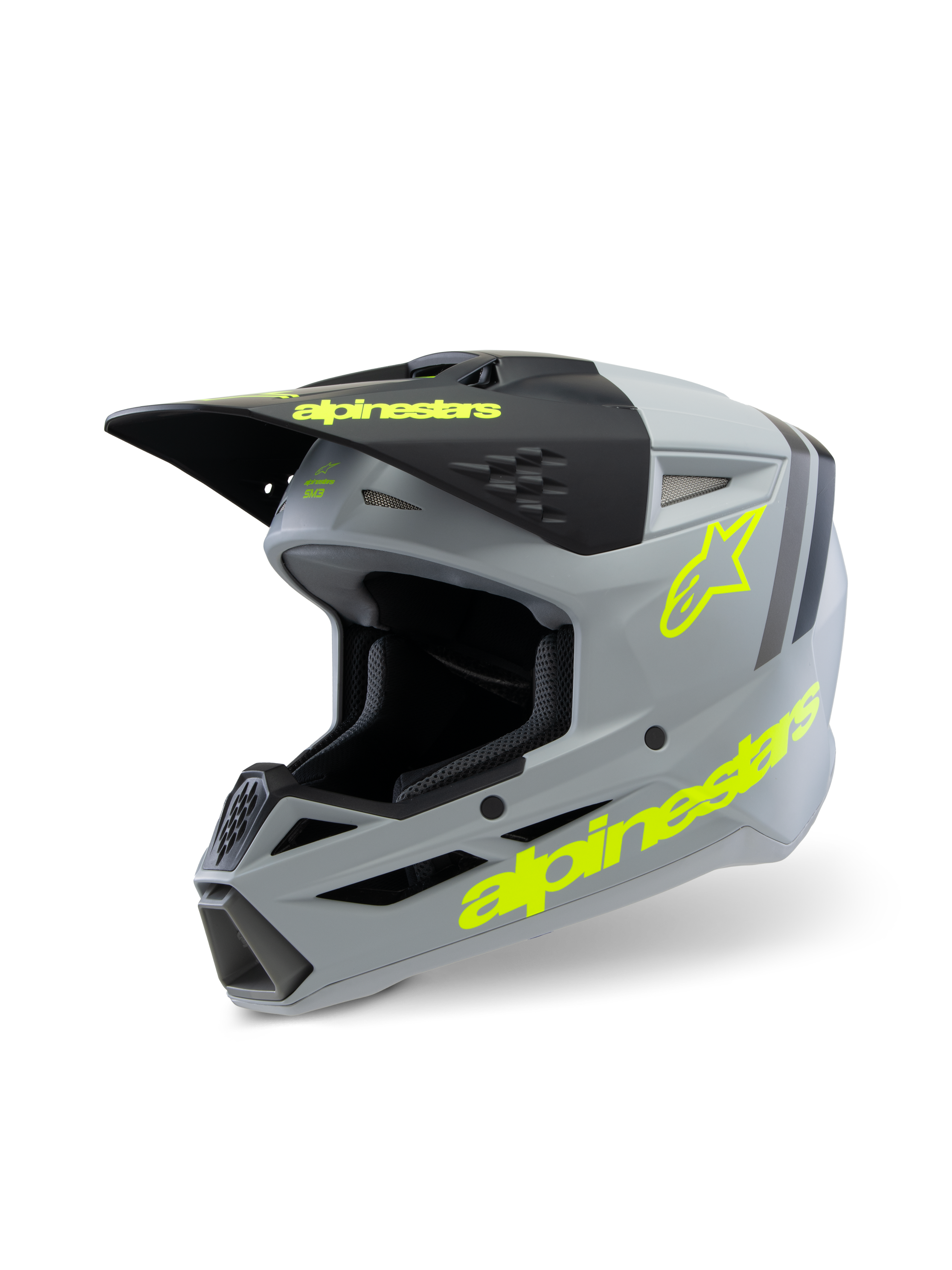 Alpinestars S-M3 Radium-hjälm för ungdomar ECE 22.06, motocrosshjälm, matt grå och svart med neongula detaljer, framträdande Alpinestars-logotyp och stjärnsymbol, skyddsutrustning för terrängkörning för ungdomar