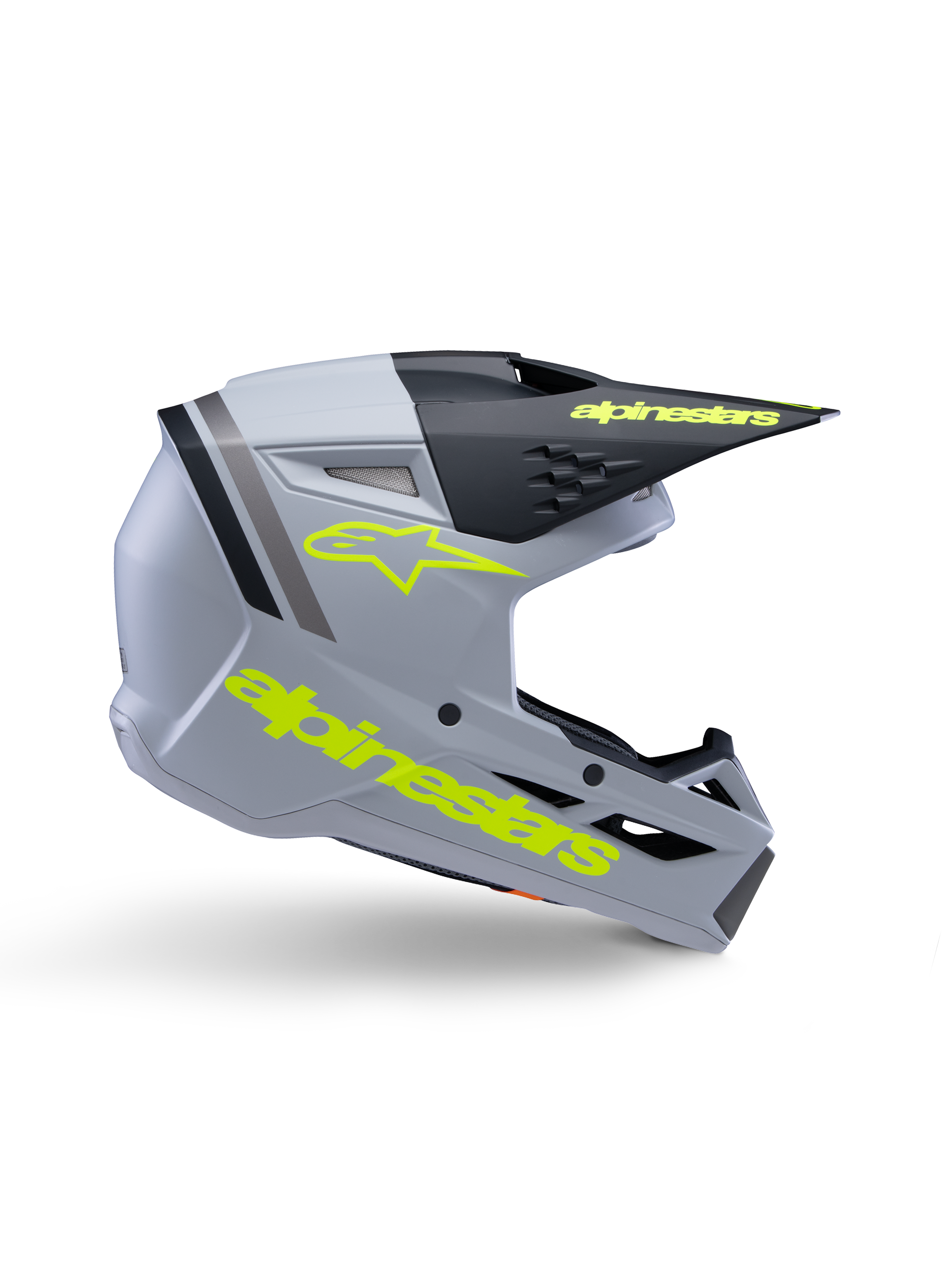 Alpinestars S-M3 Youth Radium-hjälm ECE 22.06, motocrosshjälm för ungdom, mattgrå och svart med neongul branding, sidoprofil som visar Alpinestars logotyp och text, aerodynamisk design med integrerad ventilation och svart visir.