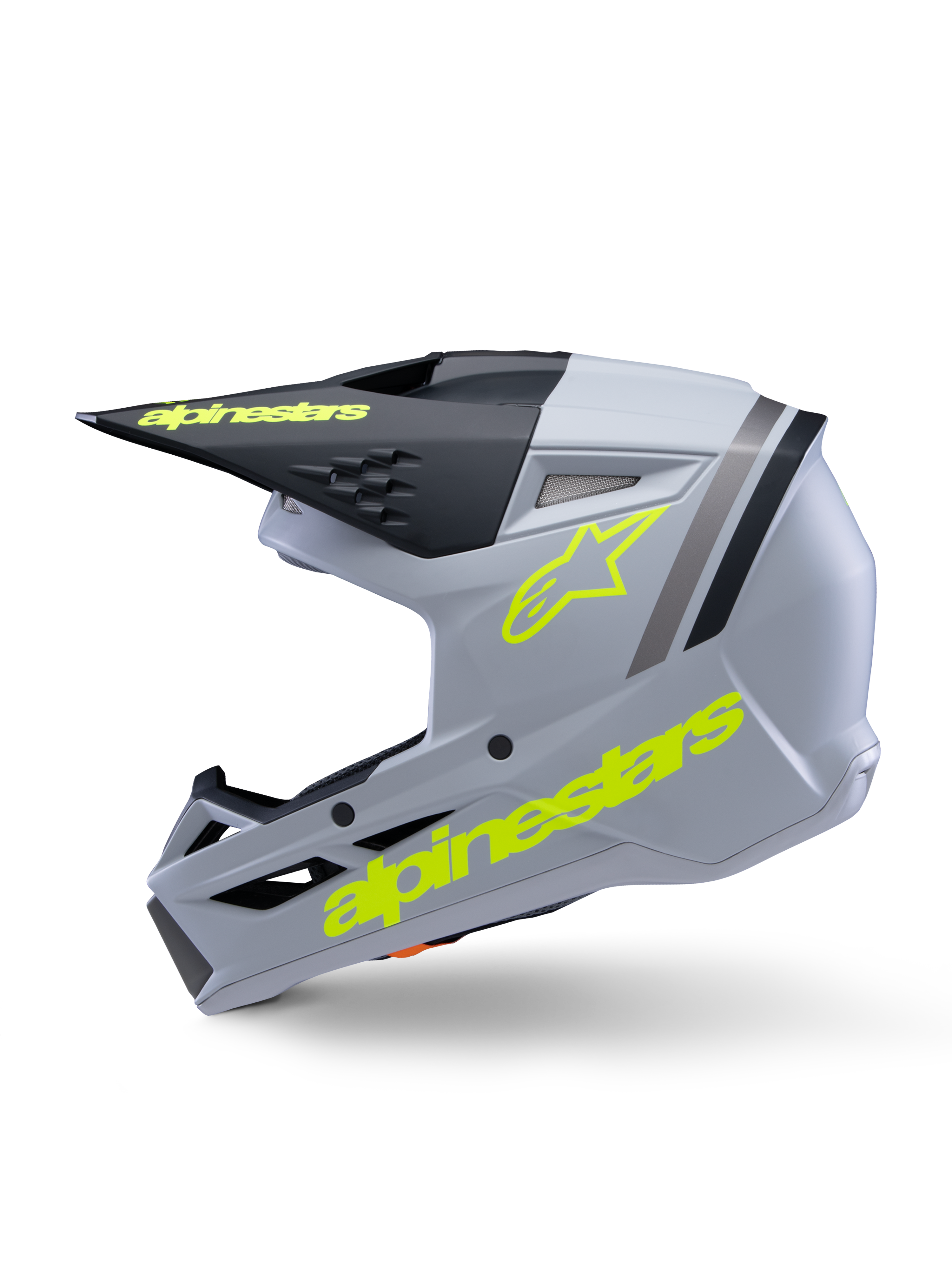 Alpinestars S-M3 Youth Radium hjälm ECE 22.06, motocrosshjälm, grå, svart och gul fluo matt, vy från sidan med gula fluorescerande Alpinestars-logotyper och svart skärm, strömlinjeformad skyddsutrustning för unga förare