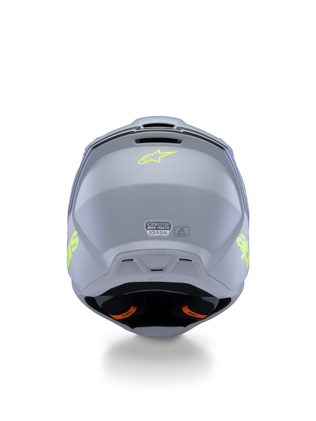 Alpinestars S-M3 Radium-hjälm för ungdomar ECE 22.06, grå, svart och neongul matt, vy bakifrån som visar ventilationsöppningar och certifieringsetiketter, neongul stjärnlogotyp, aerodynamisk skaldesign för motocross och terrängkörning