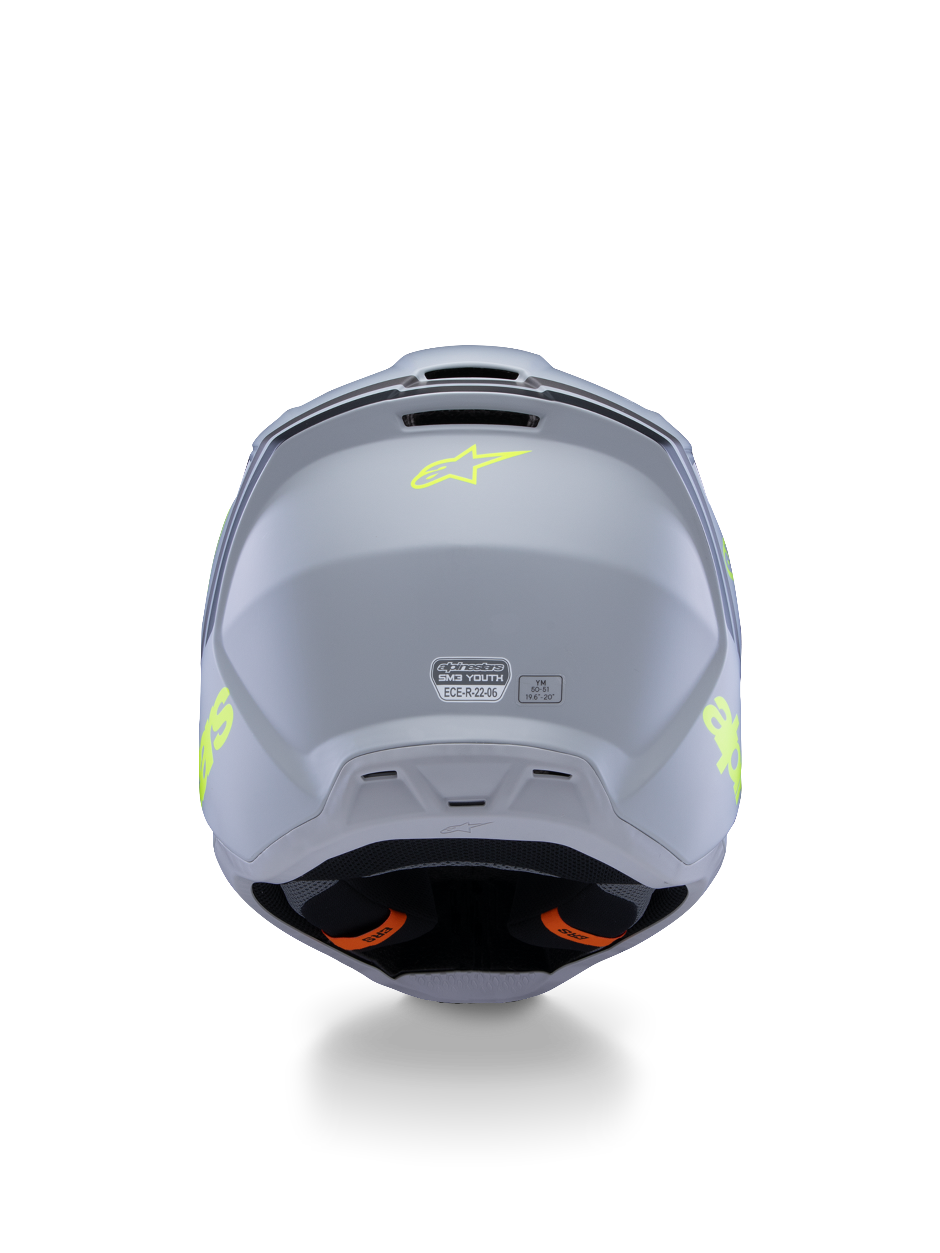 Alpinestars S-M3 Radium-hjälm för ungdomar ECE 22.06, grå, svart och neongul matt, vy bakifrån som visar ventilationsöppningar och certifieringsetiketter, neongul stjärnlogotyp, aerodynamisk skaldesign för motocross och terrängkörning