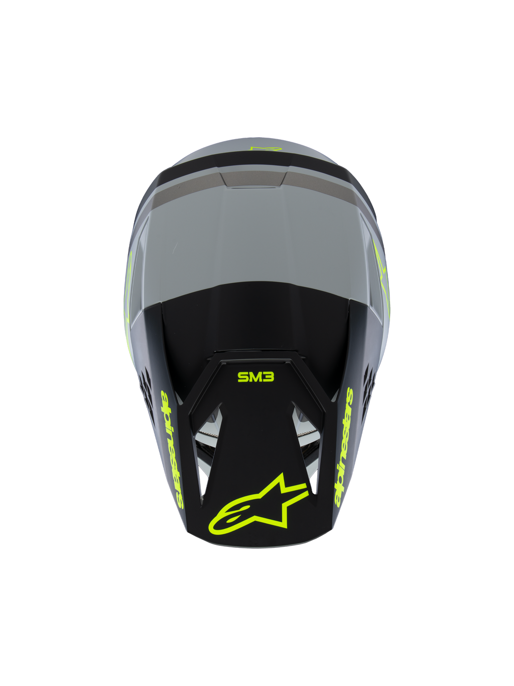 Alpinestars S-M3 Radium-hjälm för ungdom ECE 22.06, motocrosshjälm, matt grå och svart med neongula detaljer, vy ovanifrån som visar Alpinestars- och SM3-logotyper, specialiserat huvudskydd för terrängkörning för ungdomar