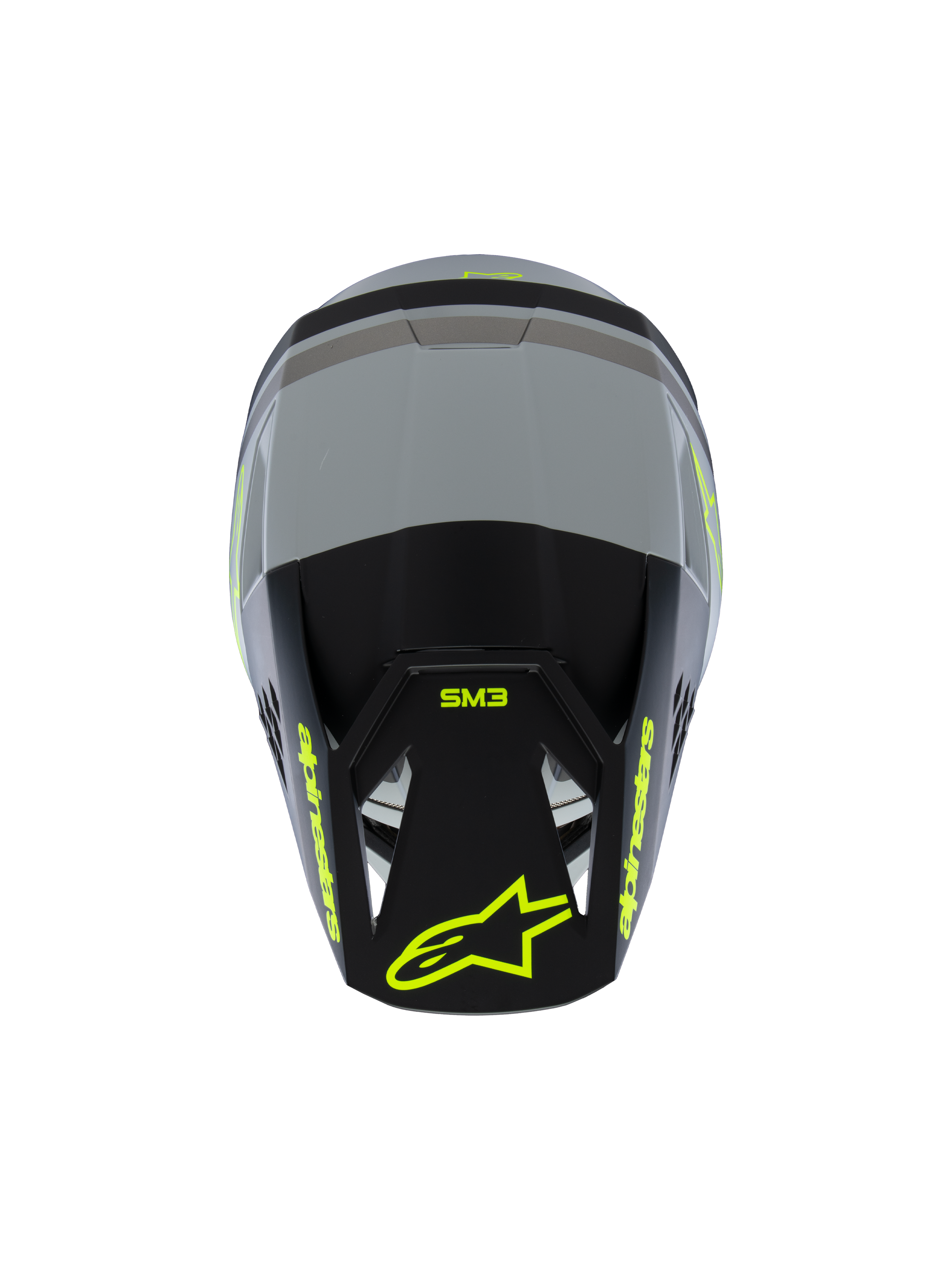 Alpinestars S-M3 Radium-hjälm för ungdom ECE 22.06, motocrosshjälm, matt grå och svart med neongula detaljer, vy ovanifrån som visar Alpinestars- och SM3-logotyper, specialiserat huvudskydd för terrängkörning för ungdomar