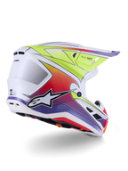 Alpinestars S-M7 Fuse-hjälm, motocrosshjälm, vit, gul fluo och lila glossy, färgstark flerfärgad gradientgrafik med framträdande svartvit stjärnlogotyp, aerodynamiskt kompositskal med integrerade ventilationsportar, designad för terrängkörning