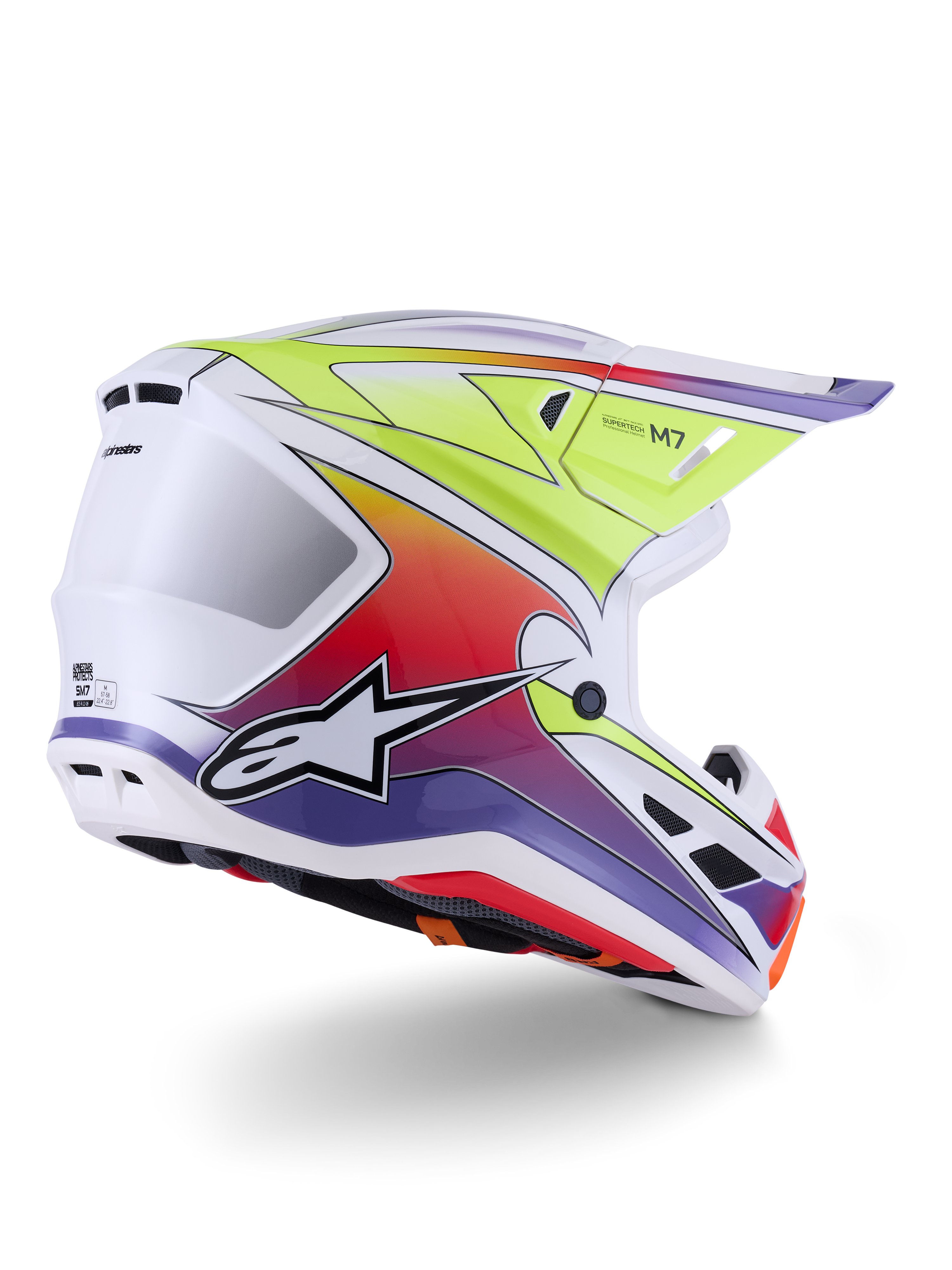 Alpinestars S-M7 Fuse-hjälm, motocrosshjälm, vit, gul fluo och lila glossy, färgstark flerfärgad gradientgrafik med framträdande svartvit stjärnlogotyp, aerodynamiskt kompositskal med integrerade ventilationsportar, designad för terrängkörning