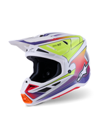 Alpinestars S-M7 Fuse Hjälm, motocrosshjälm, vit med gul fluo och lila gradientgrafik, med ett strömlinjeformat kompositskal, integrerat visir, flera nätventiler och högpresterande racingdesign för terrängkörning