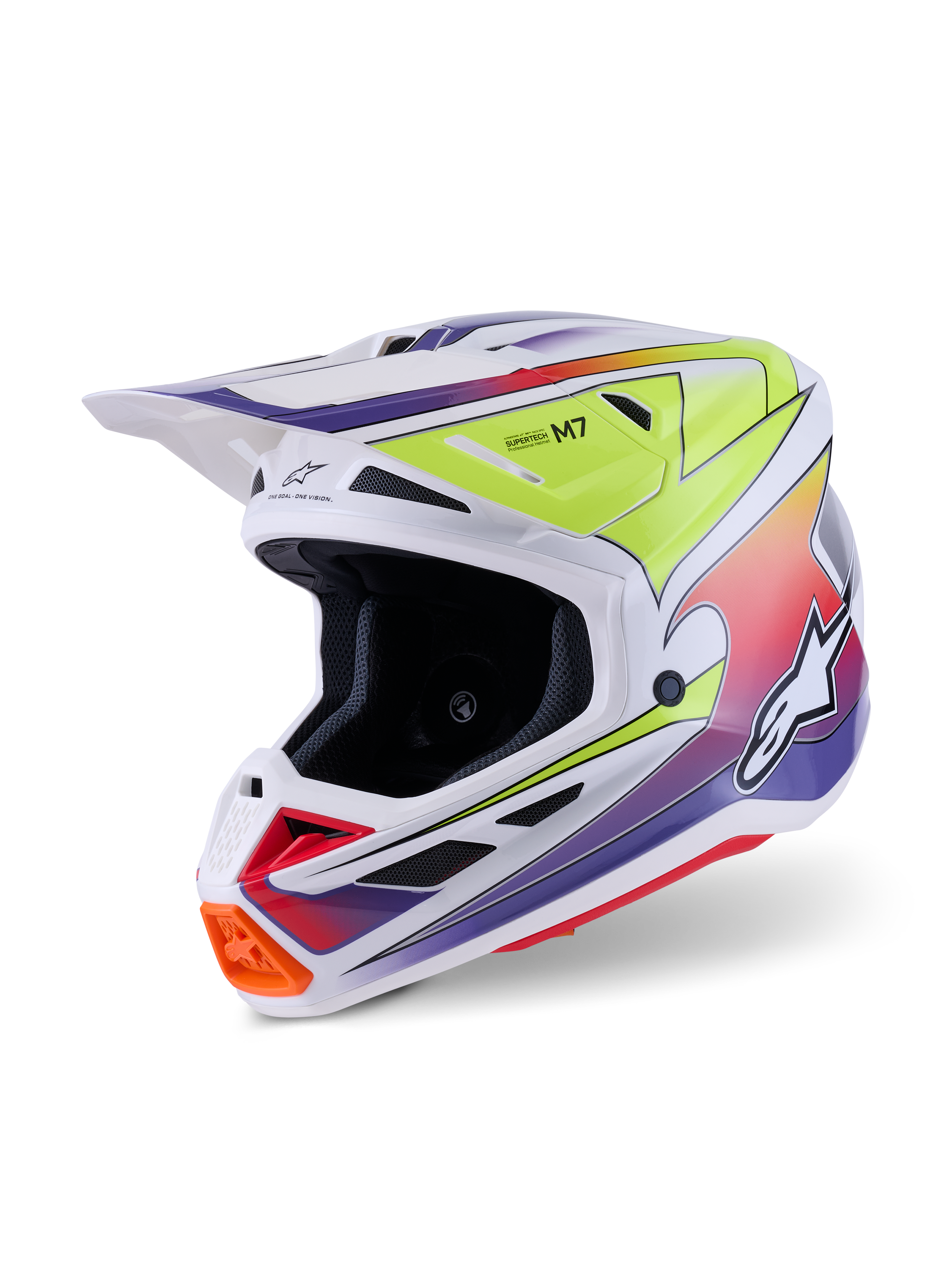 Alpinestars S-M7 Fuse Hjälm, motocrosshjälm, vit med gul fluo och lila gradientgrafik, med ett strömlinjeformat kompositskal, integrerat visir, flera nätventiler och högpresterande racingdesign för terrängkörning