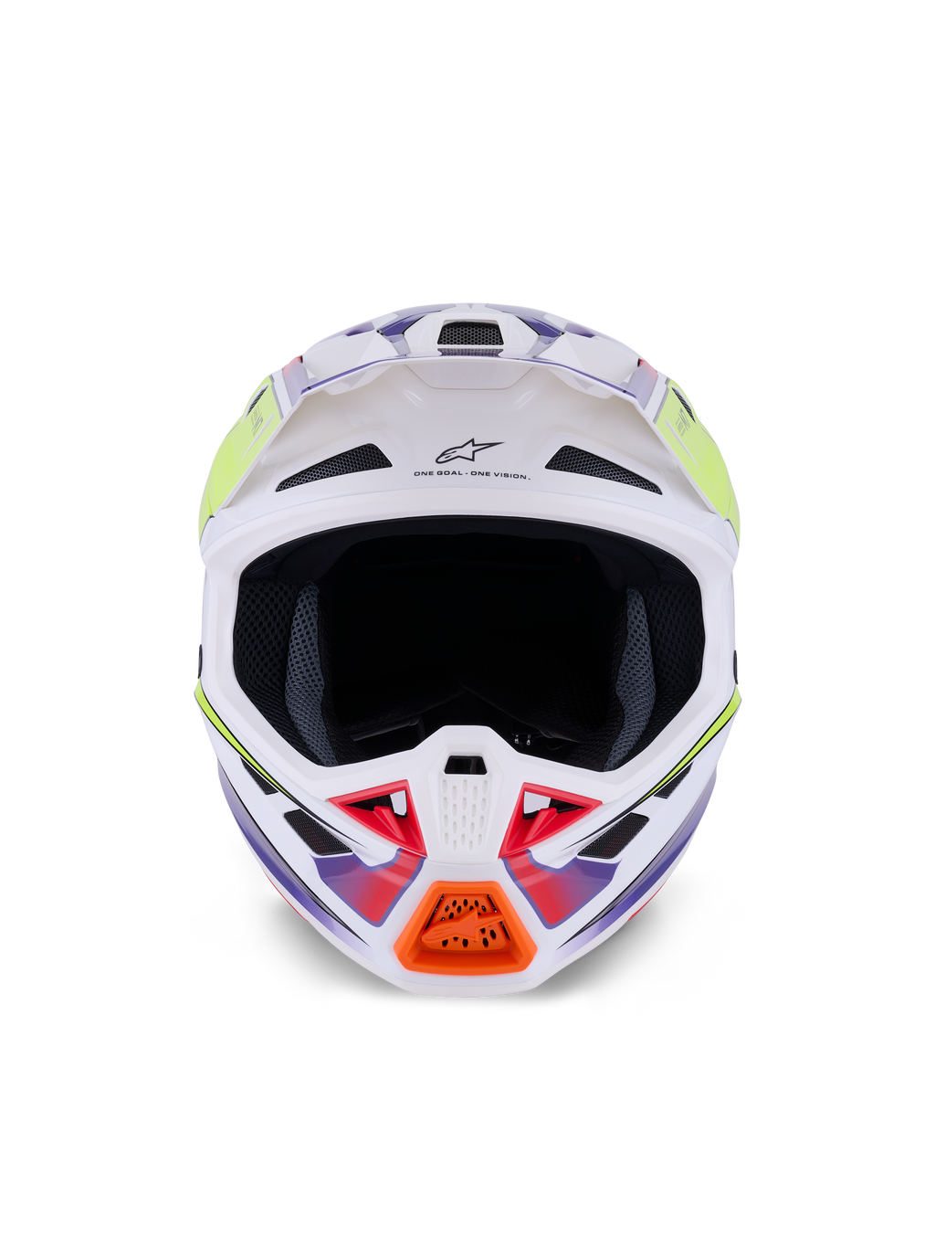 Alpinestars S-M7 Fuse-hjälm, motocrosshjälm, vit, neongul och lila blank, frontvy med flera luftintagsventiler, aerodynamiskt kompositskal och orange detalj på hakskyddet.