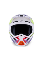 Alpinestars S-M7 Fuse-hjälm, motocrosshjälm, vit, neongul och lila blank, frontvy med flera luftintagsventiler, aerodynamiskt kompositskal och orange detalj på hakskyddet.