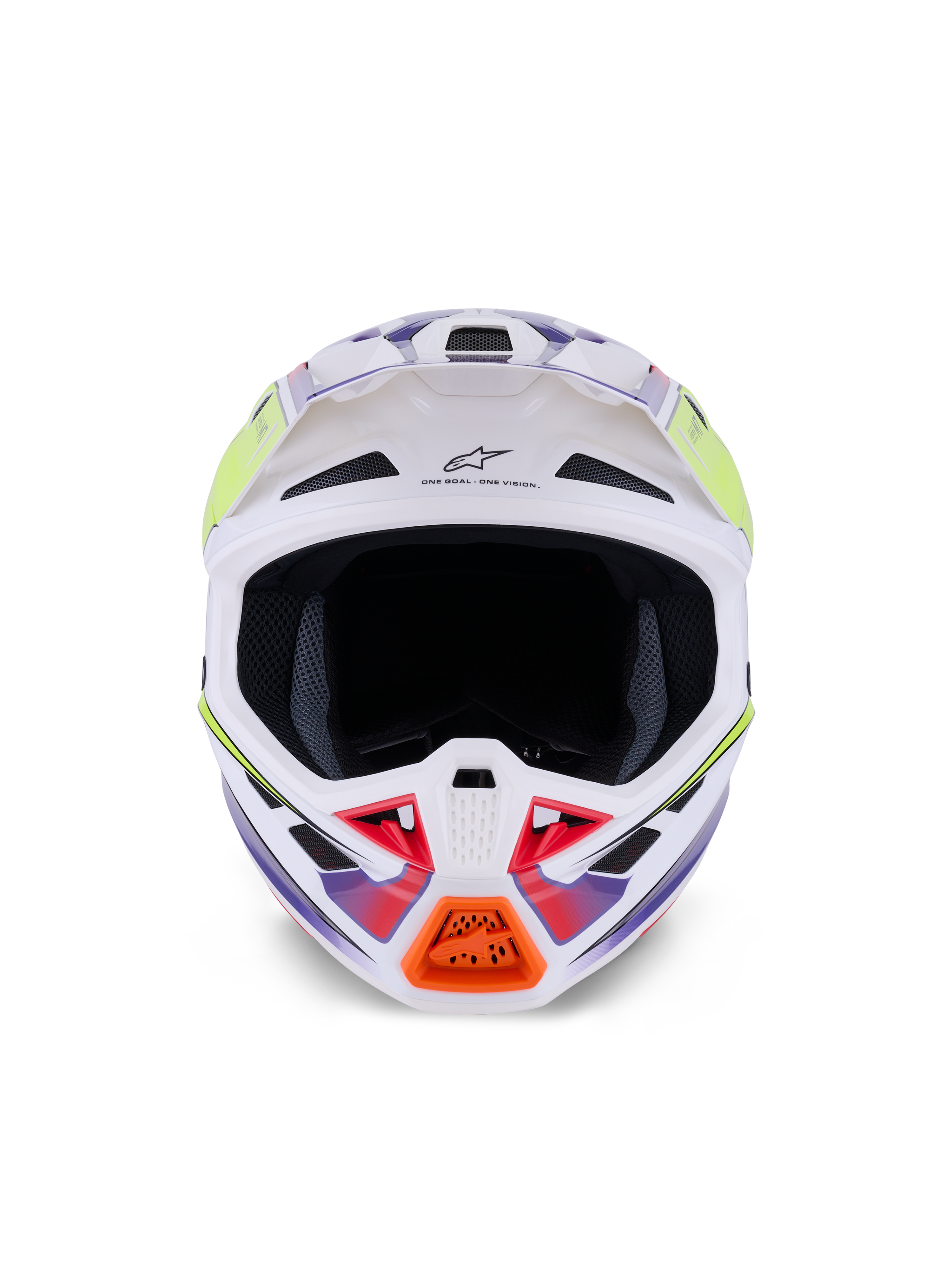 Alpinestars S-M7 Fuse-hjälm, motocrosshjälm, vit, neongul och lila blank, frontvy med flera luftintagsventiler, aerodynamiskt kompositskal och orange detalj på hakskyddet.
