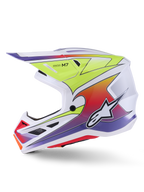 Alpinestars S-M7 Fuse-hjälm, motocrosshjälm, vit, gul fluo och lila glansig, sidoprofil som visar aerodynamiskt skal med färgstark gradientgrafik, svarta ventilationsöppningar och vit Alpinestars-logotyp, högpresterande racingutrustning för terrängkörning