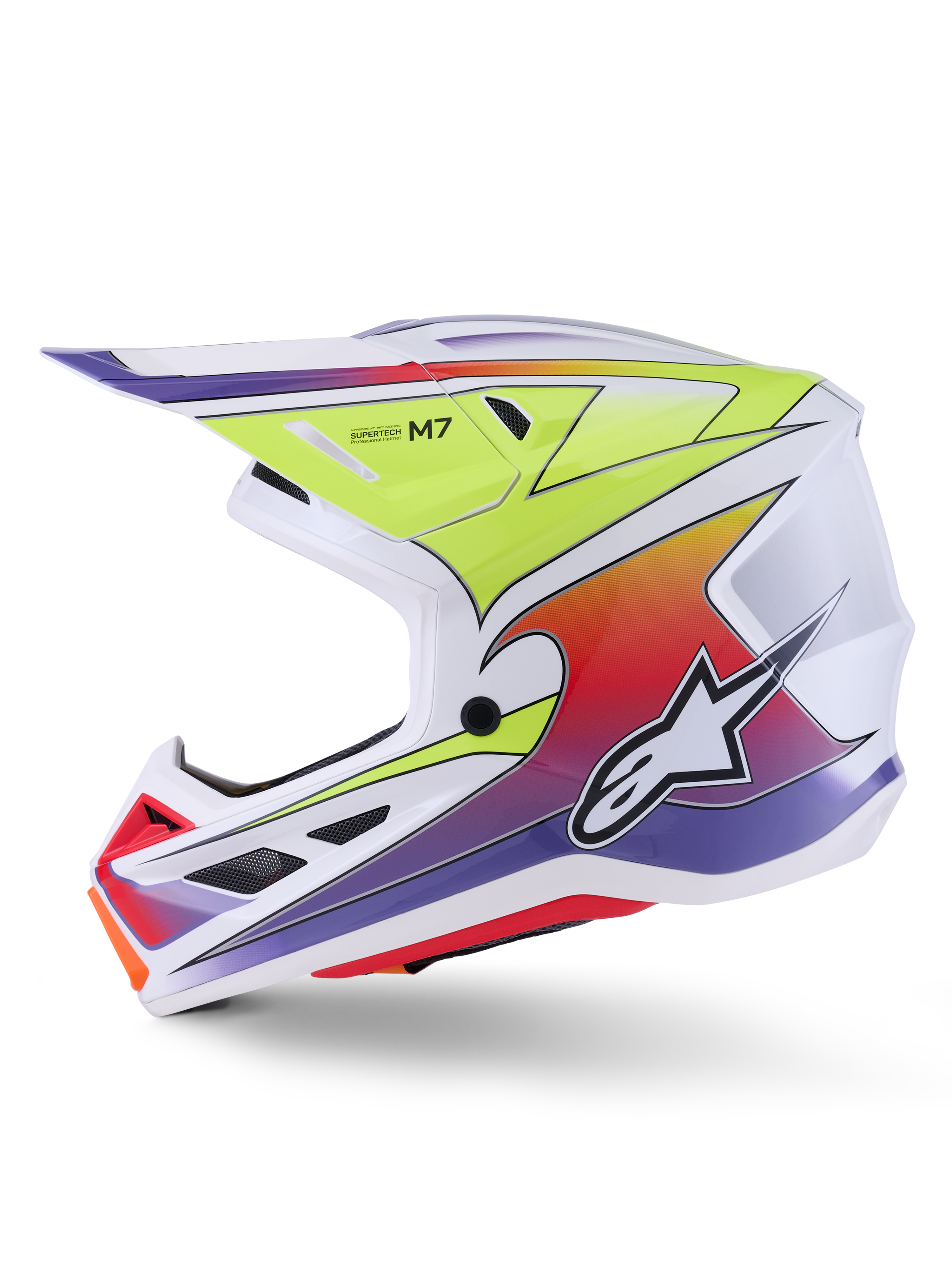 Alpinestars S-M7 Fuse-hjälm, motocrosshjälm, vit, gul fluo och lila glansig, sidoprofil som visar aerodynamiskt skal med färgstark gradientgrafik, svarta ventilationsöppningar och vit Alpinestars-logotyp, högpresterande racingutrustning för terrängkörning