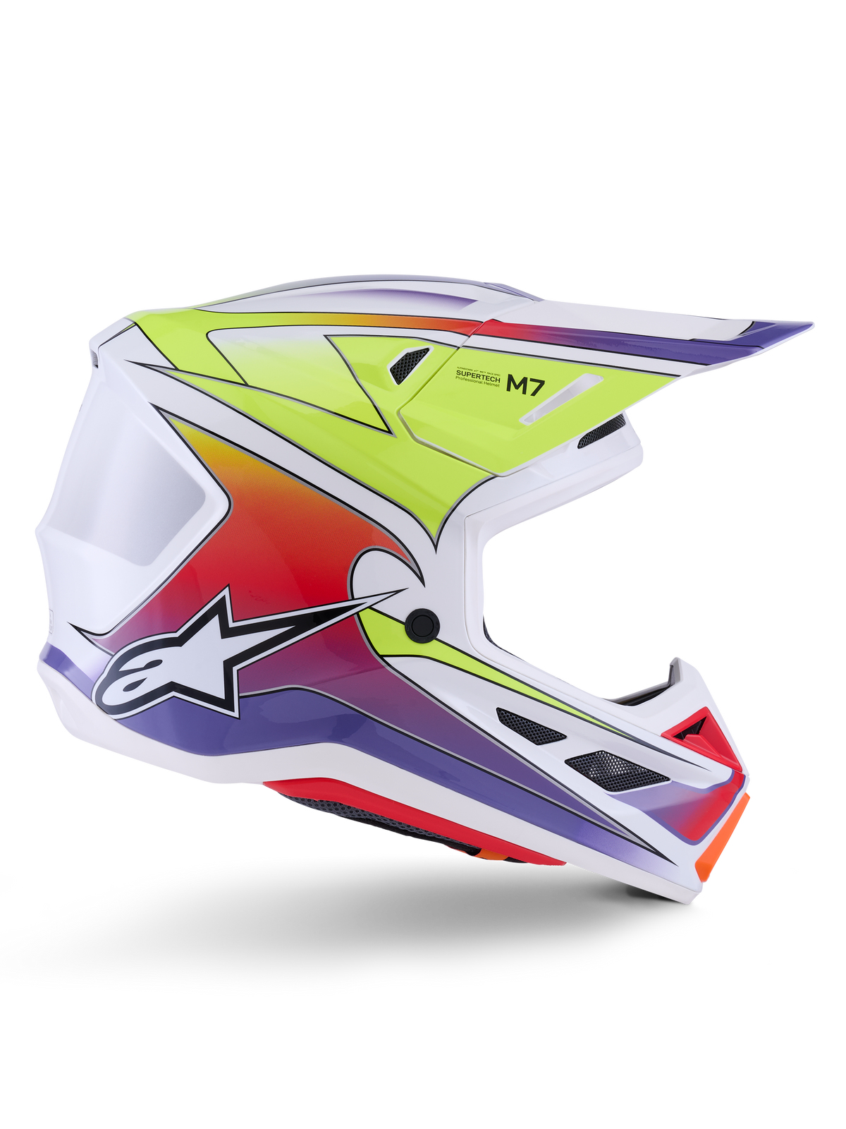 Alpinestars S-M7 Fuse Helmet, Motocross Helmet, White with Yellow Fluo, Red, and Purple gradients, glossy finish featuring an aerodynamic shell, integrated visor, and black mesh ventilation ports.