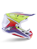 Alpinestars S-M7 Fuse-hjälm, motocross-hjälm, vit med färgövergångar i neongult, rött och lila, blank finish med ett aerodynamiskt skal, integrerat visir och svarta ventilationsöppningar i nät.
