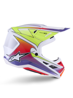 Alpinestars S-M7 Fuse-hjälm, motocross-hjälm, vit med färgövergångar i neongult, rött och lila, blank finish med ett aerodynamiskt skal, integrerat visir och svarta ventilationsöppningar i nät.