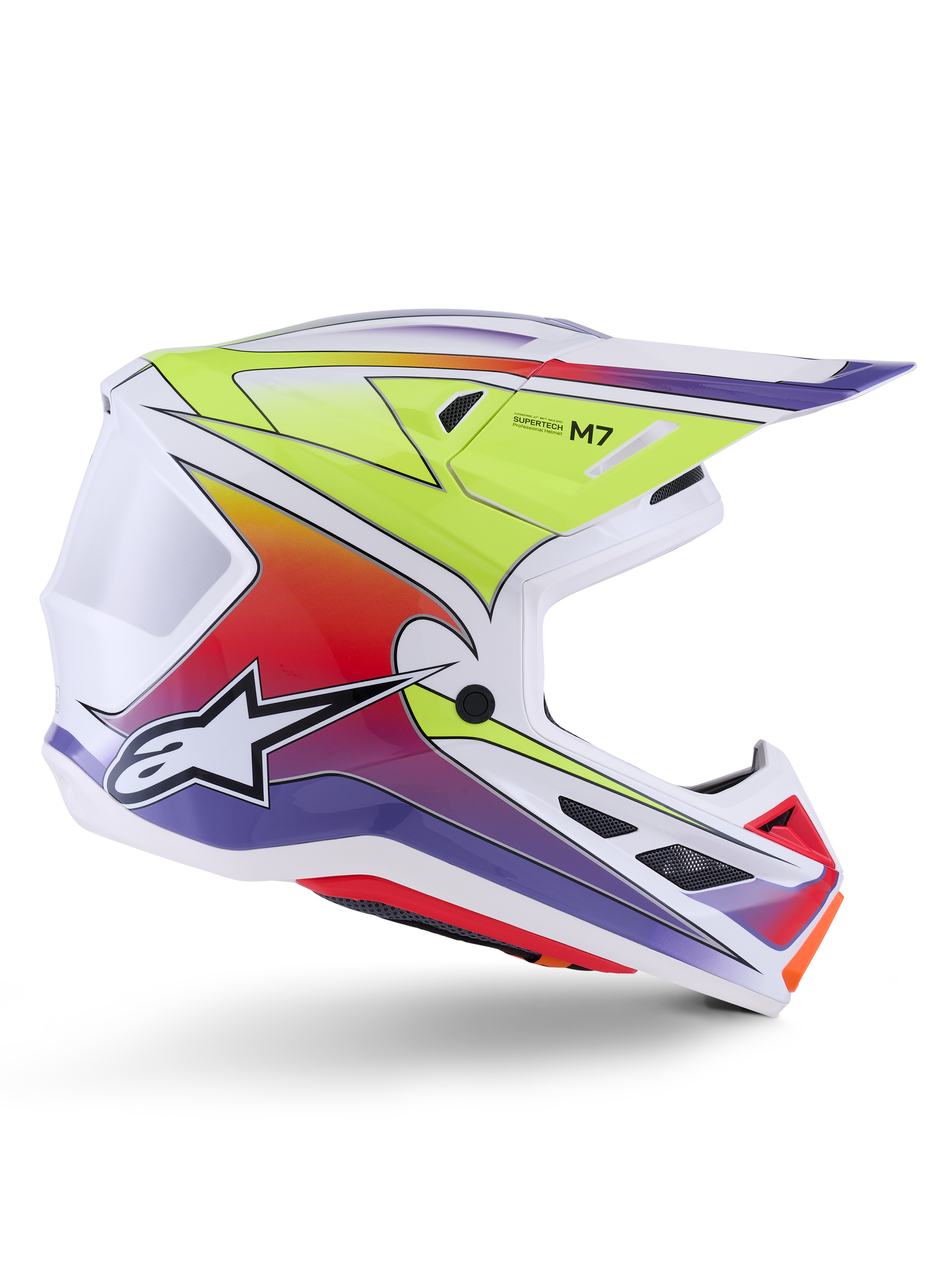Alpinestars S-M7 Fuse-hjälm, motocross-hjälm, vit med färgövergångar i neongult, rött och lila, blank finish med ett aerodynamiskt skal, integrerat visir och svarta ventilationsöppningar i nät.
