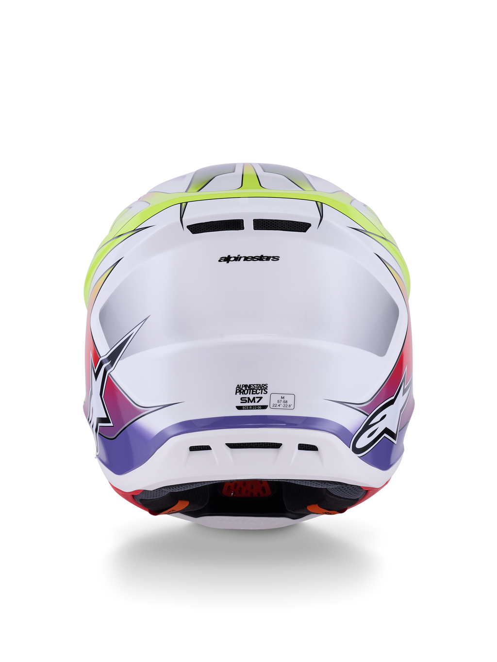 Alpinestars S-M7 Fuse hjälm ECE 22.06, motocrosshjälm, vit, neongul och lila glansig, baksida som visar integrerade utloppsventiler, Alpinestars logotyp och sidologotyper, strömlinjeformad aerodynamisk skaldesign
