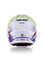 Alpinestars S-M7 Fuse hjälm ECE 22.06, motocrosshjälm, vit, neongul och lila glansig, baksida som visar integrerade utloppsventiler, Alpinestars logotyp och sidologotyper, strömlinjeformad aerodynamisk skaldesign