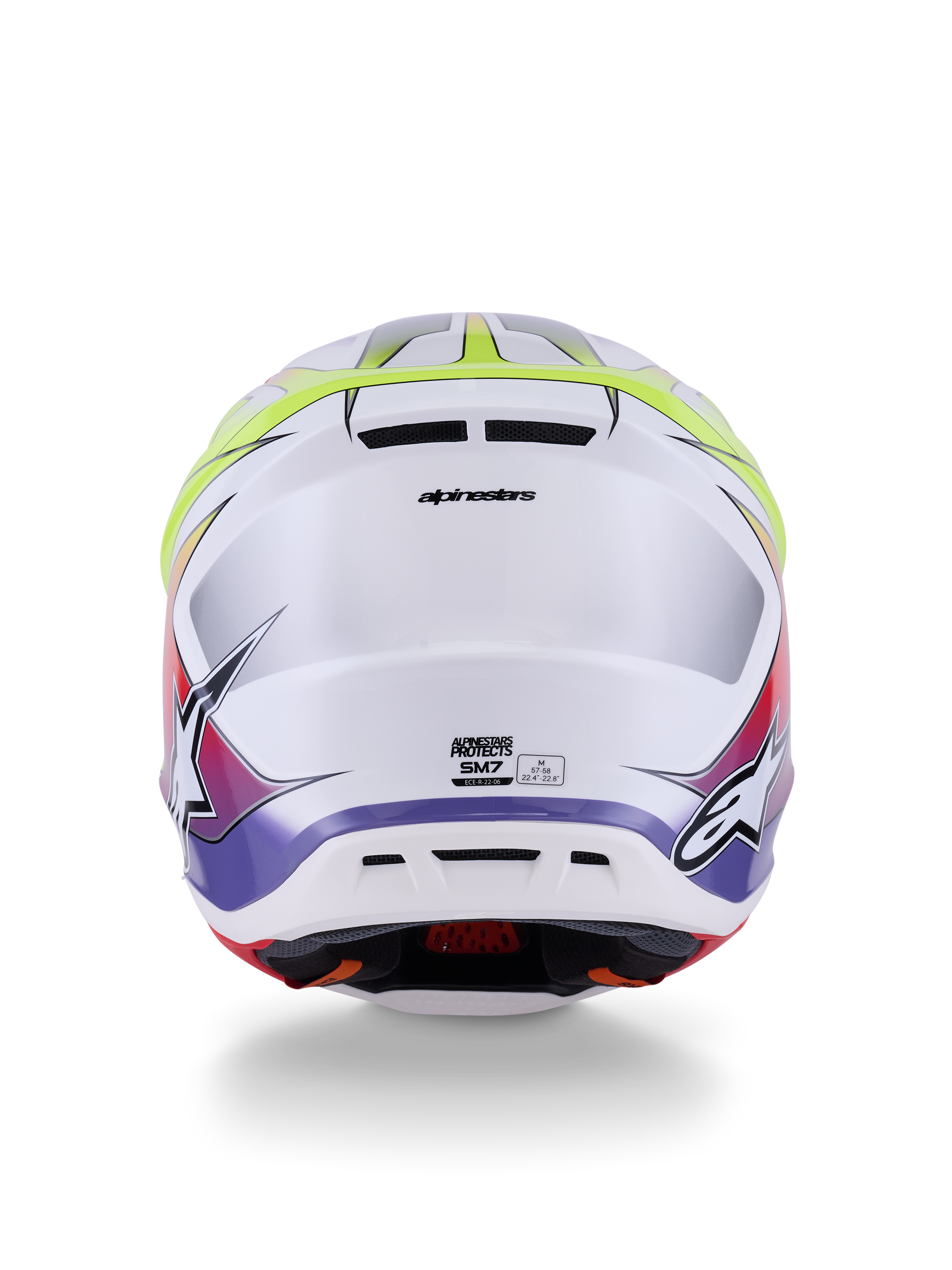 Alpinestars S-M7 Fuse hjälm ECE 22.06, motocrosshjälm, vit, neongul och lila glansig, baksida som visar integrerade utloppsventiler, Alpinestars logotyp och sidologotyper, strömlinjeformad aerodynamisk skaldesign