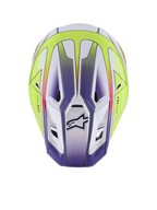 Alpinestars S-M7 Fuse hjälm, motocrosshjälm, vit, neongul och lila glansig, vy uppifrån som visar aerodynamiskt skal med ventilationsportar och svart Alpinestars-logotyp, förstklassigt skydd för terrängracing