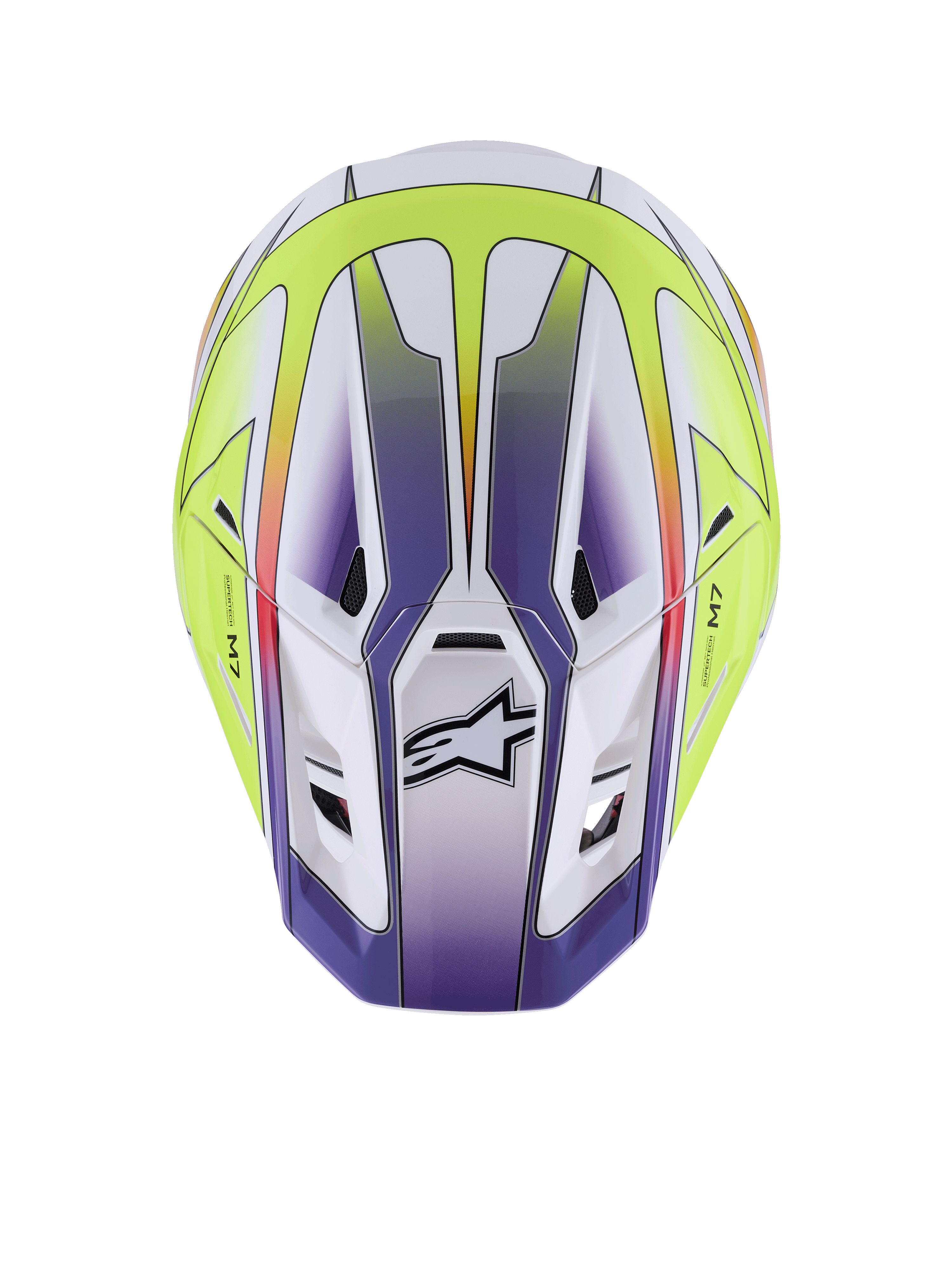 Alpinestars S-M7 Fuse hjälm, motocrosshjälm, vit, neongul och lila glansig, vy uppifrån som visar aerodynamiskt skal med ventilationsportar och svart Alpinestars-logotyp, förstklassigt skydd för terrängracing