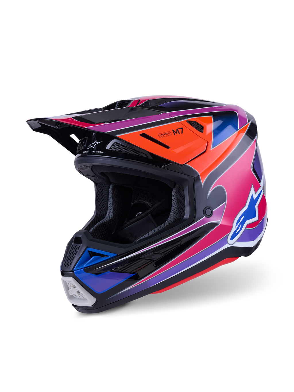 Alpinestars S-M7 Fuse-hjälm, motocrosshjälm, blank finish i blått, lila och rosa med färgstark grafik och orangea och svarta detaljer, aerodynamisk design med flera ventilationsöppningar, professionell utrustning för terrängkörning