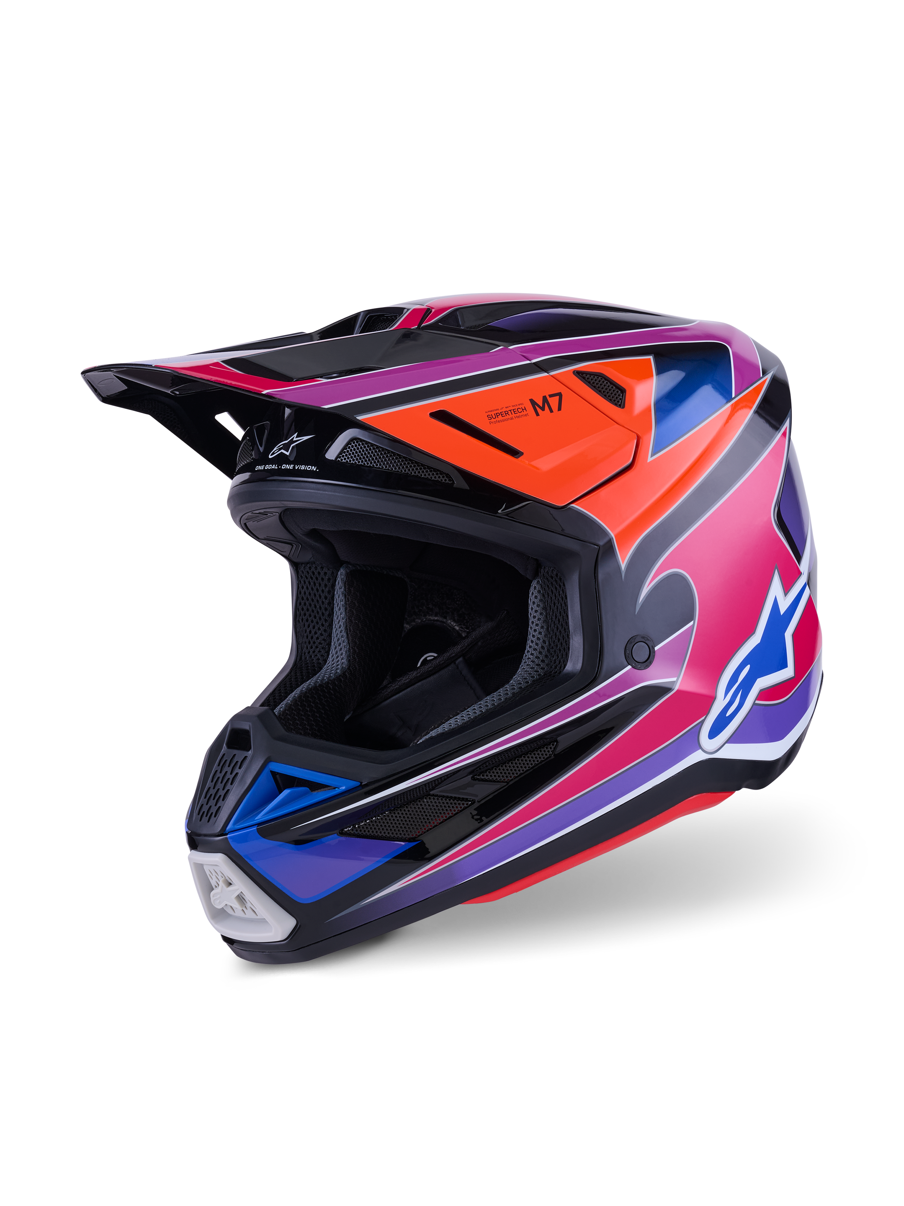 Alpinestars S-M7 Fuse-hjälm, motocrosshjälm, blank finish i blått, lila och rosa med färgstark grafik och orangea och svarta detaljer, aerodynamisk design med flera ventilationsöppningar, professionell utrustning för terrängkörning