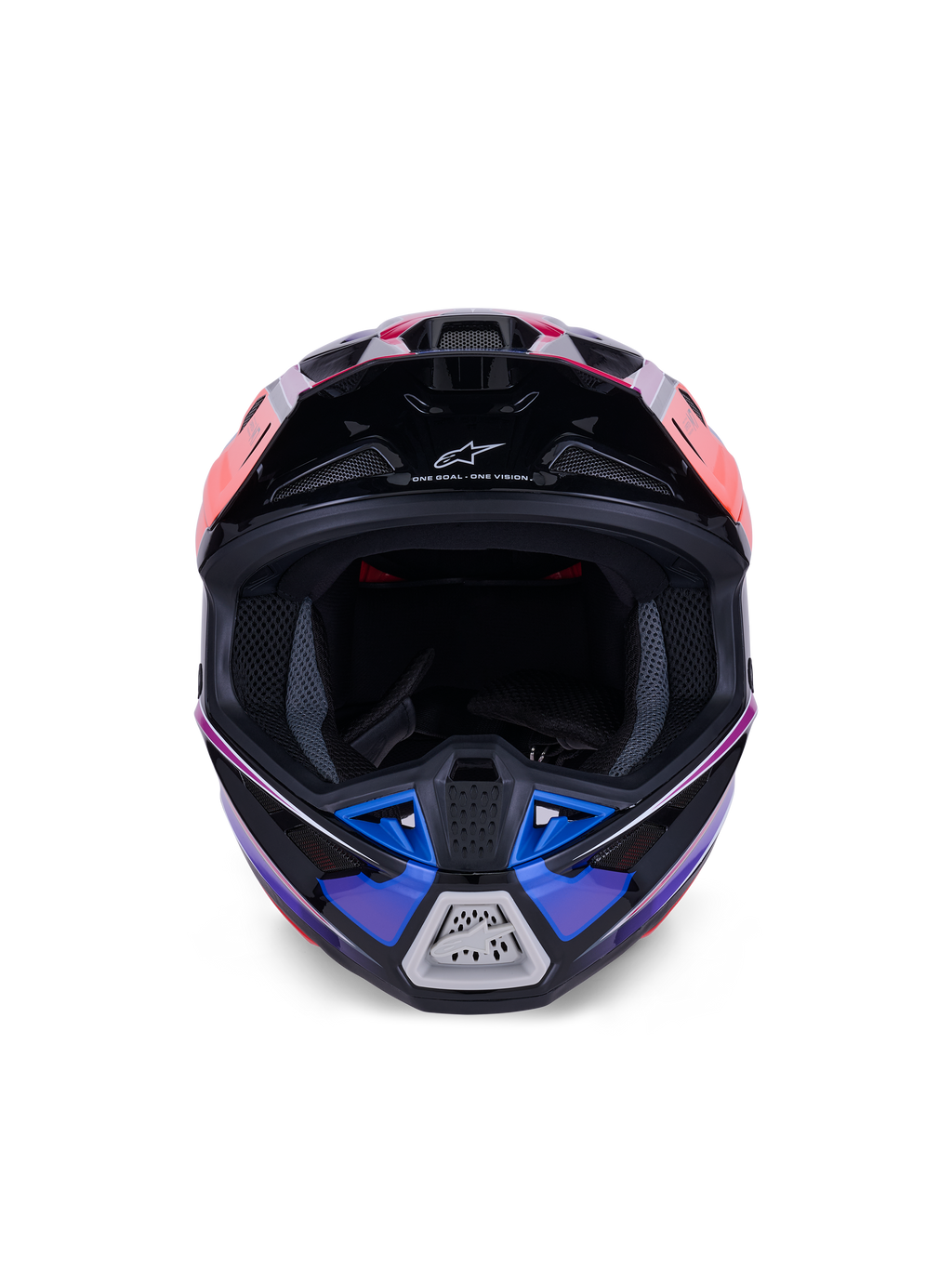 Alpinestars S-M7 Fuse-hjälm, motocrosshjälm, blå, lila och rosa i glansigt utförande, vy framifrån som visar siktöppningen och det ventilerade hakskyddet, med svarta accenter och Alpinestars-logotyp, aerodynamisk design för terrängracing