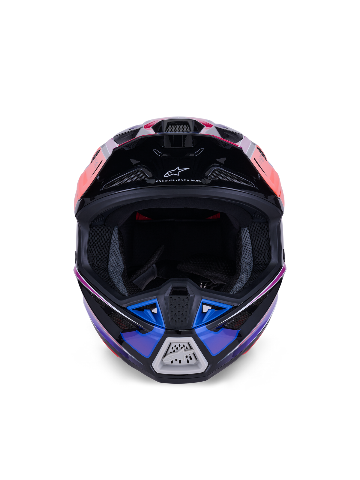 Alpinestars S-M7 Fuse-hjälm, motocrosshjälm, blå, lila och rosa i glansigt utförande, vy framifrån som visar siktöppningen och det ventilerade hakskyddet, med svarta accenter och Alpinestars-logotyp, aerodynamisk design för terrängracing