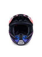 Alpinestars S-M7 Fuse-hjälm, motocrosshjälm, blå, lila och rosa i glansigt utförande, vy framifrån som visar siktöppningen och det ventilerade hakskyddet, med svarta accenter och Alpinestars-logotyp, aerodynamisk design för terrängracing